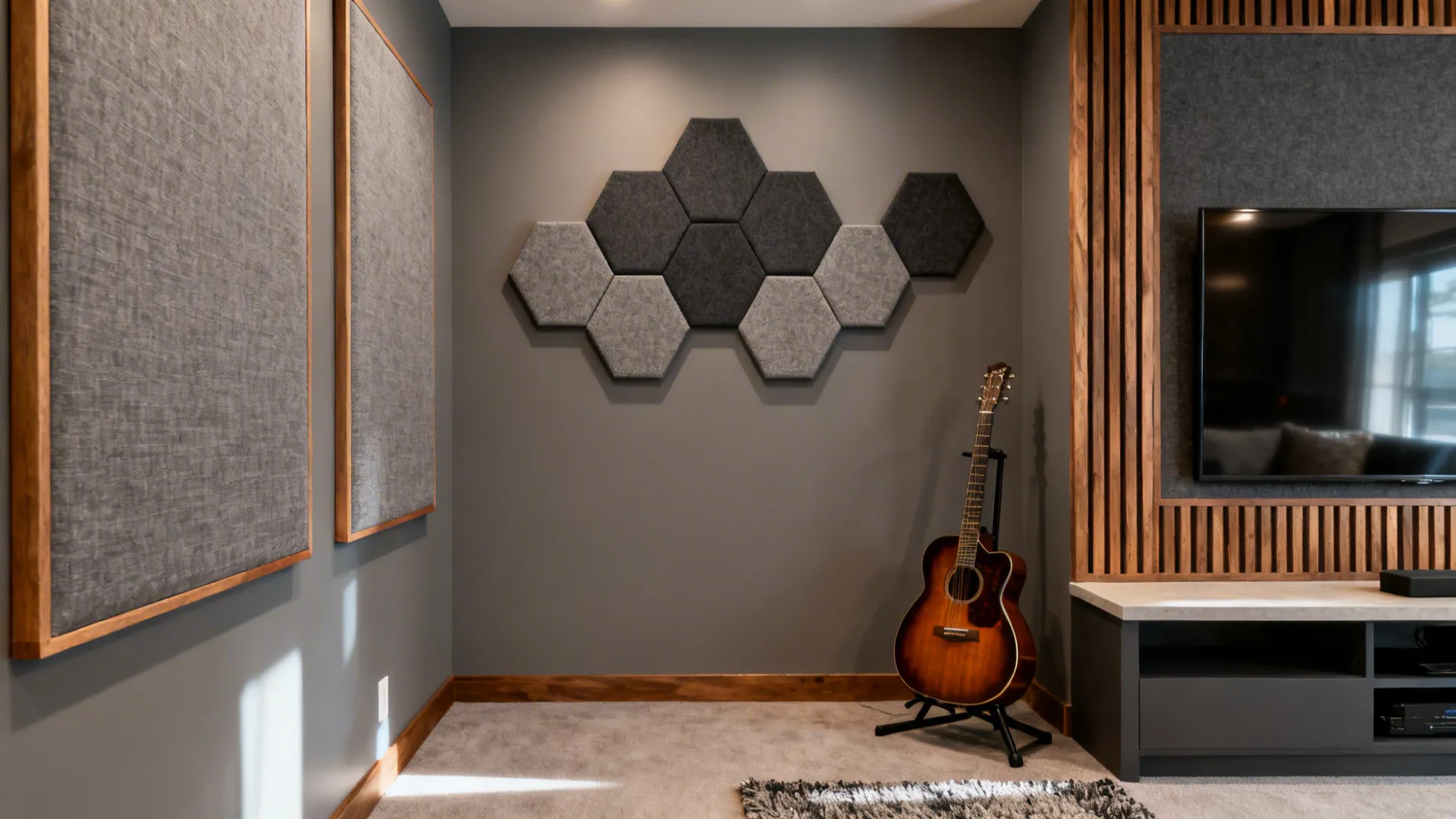 Small media nook with hex acoustic panels arranged as art, guitar stand, and a cozy rug in warm gray tones.