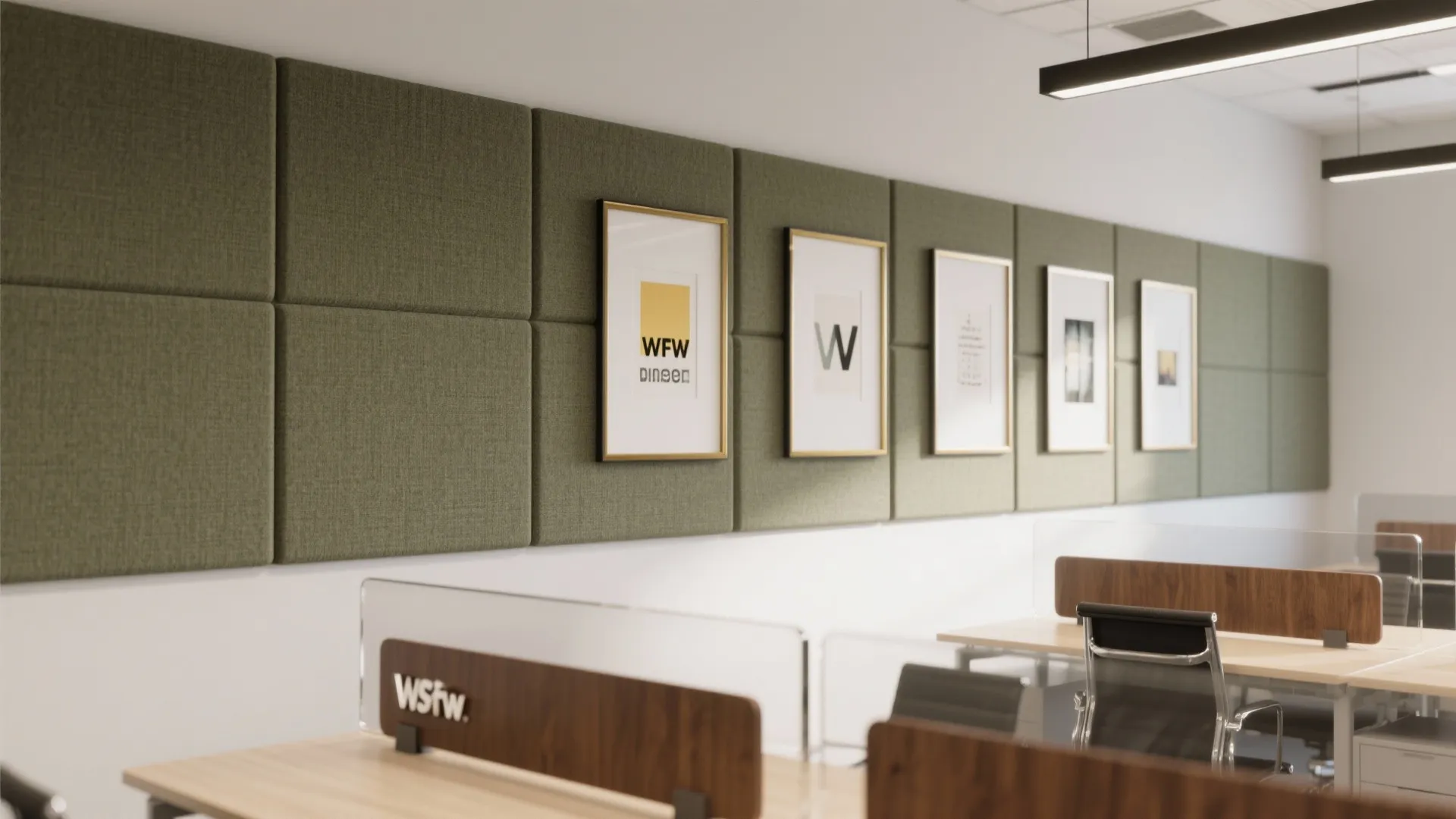 Modern office interior with green wall panels framed art prints wooden desks and black chairs