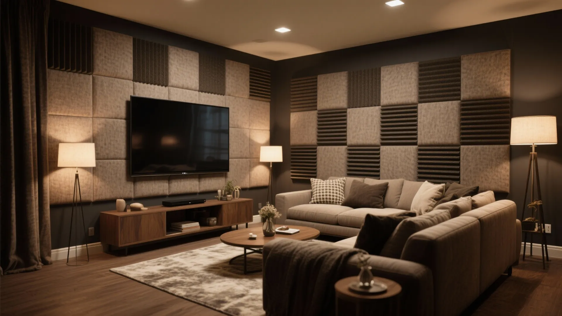 Modern home theater with grey sofa wooden cabinet floor lamps and decorative acoustic wall panel design