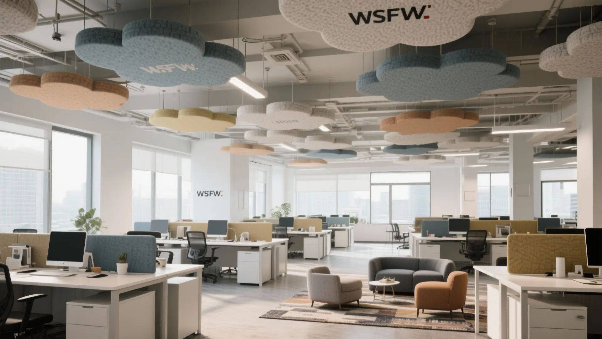 Open-plan office with floating acoustic baffles and cloud panels above desks, shown in branded upholstery.