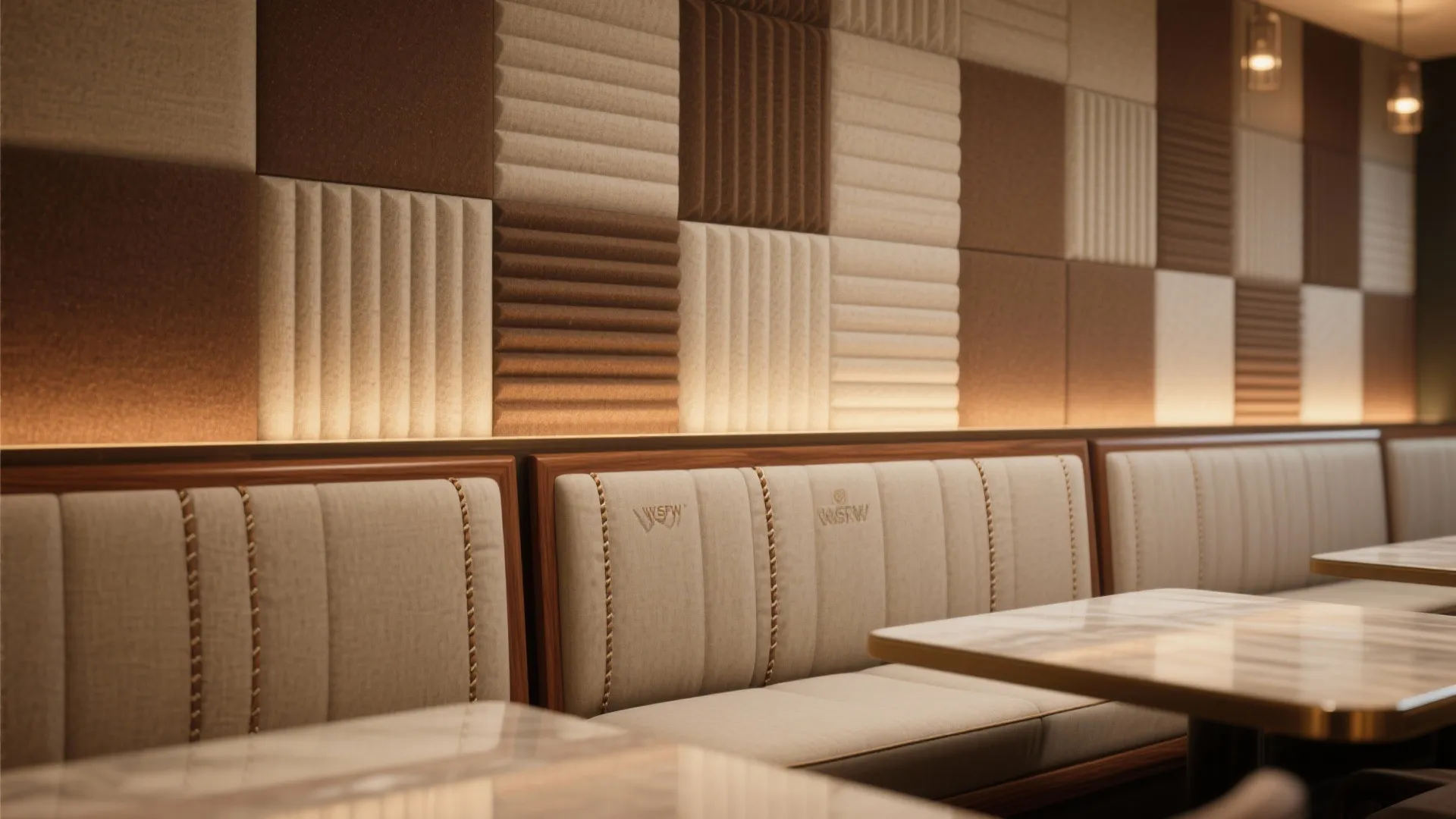 Acoustic fabric panels and banquette backrests
