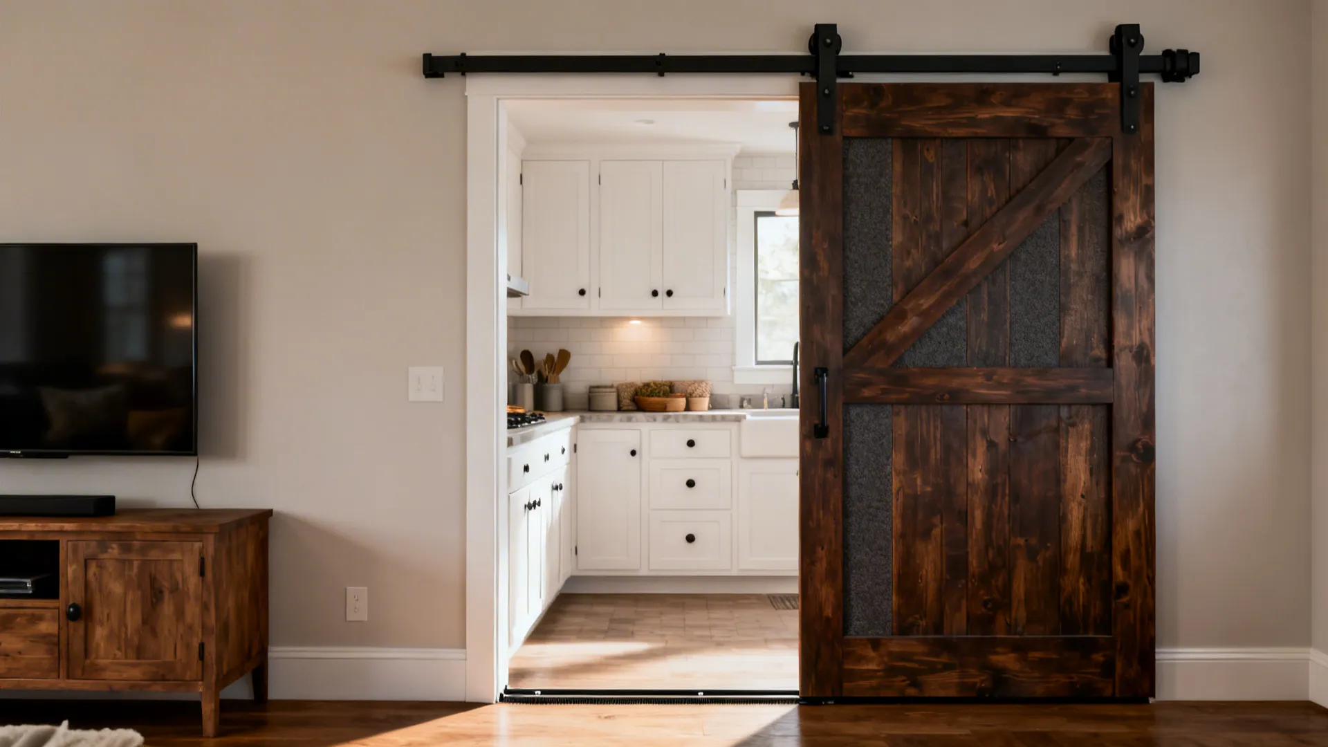 Acoustic-core sliding barn door on a black track between a small kitchen and TV room.