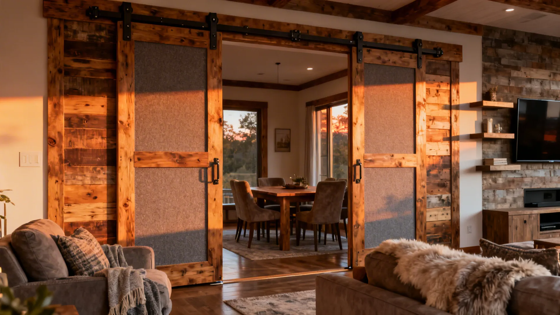 Double sliding barn doors with reclaimed wood and acoustic core separate a living room from a dining area.