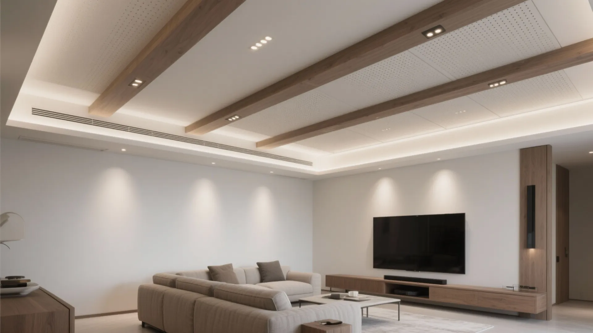 Living room with gypsum ceiling, shallow beams, and discreet acoustic panels with layered lighting.