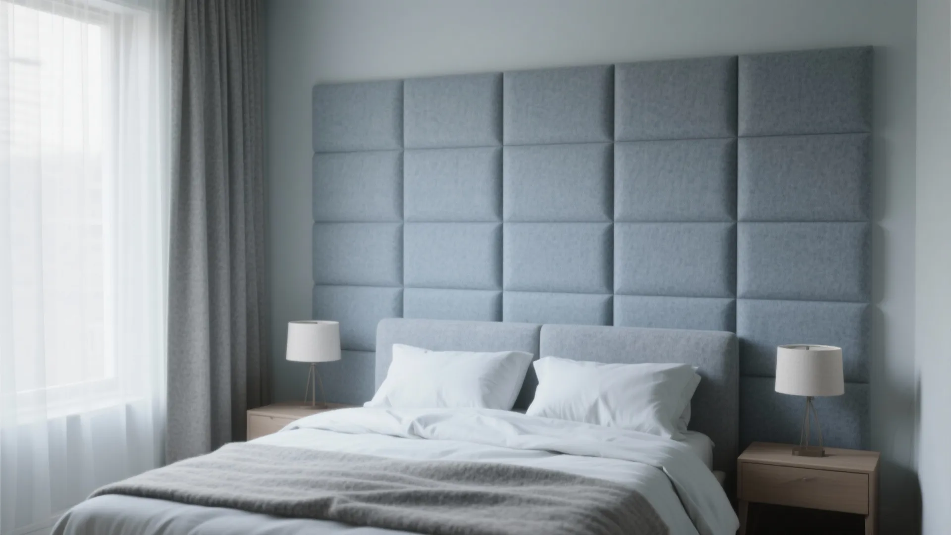 Bright bedroom featuring blue square wall panel decor, grey bed, white lamps, and grey curtains