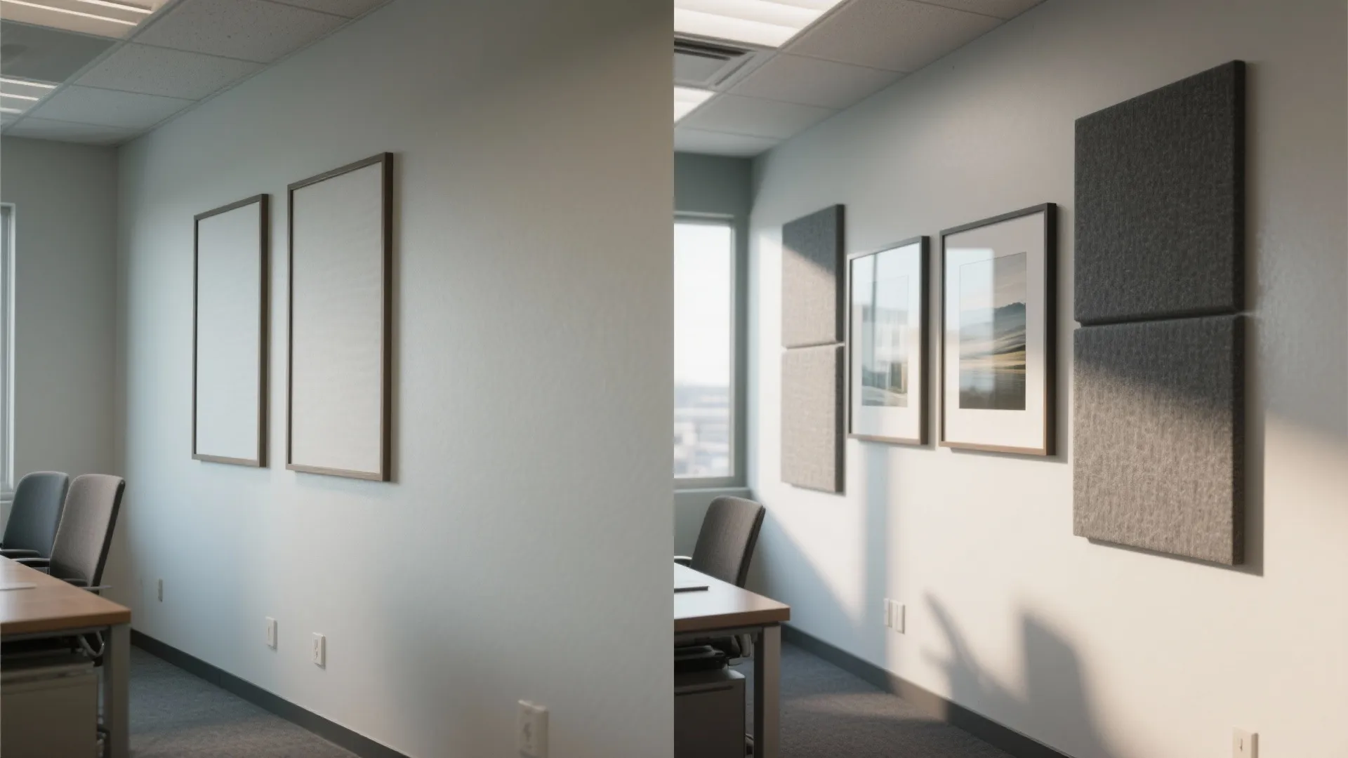 Before and after comparison of office wall with empty frames versus added grey wall panels