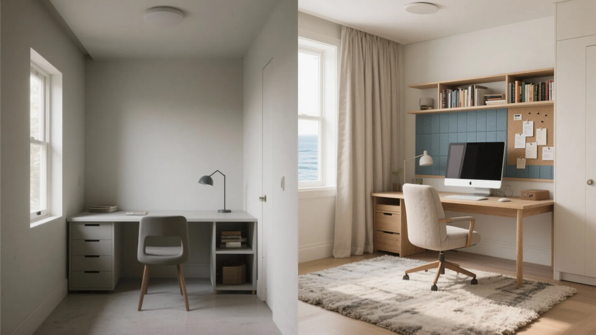 Before and after comparison of a simple grey desk versus a cozy wood home office