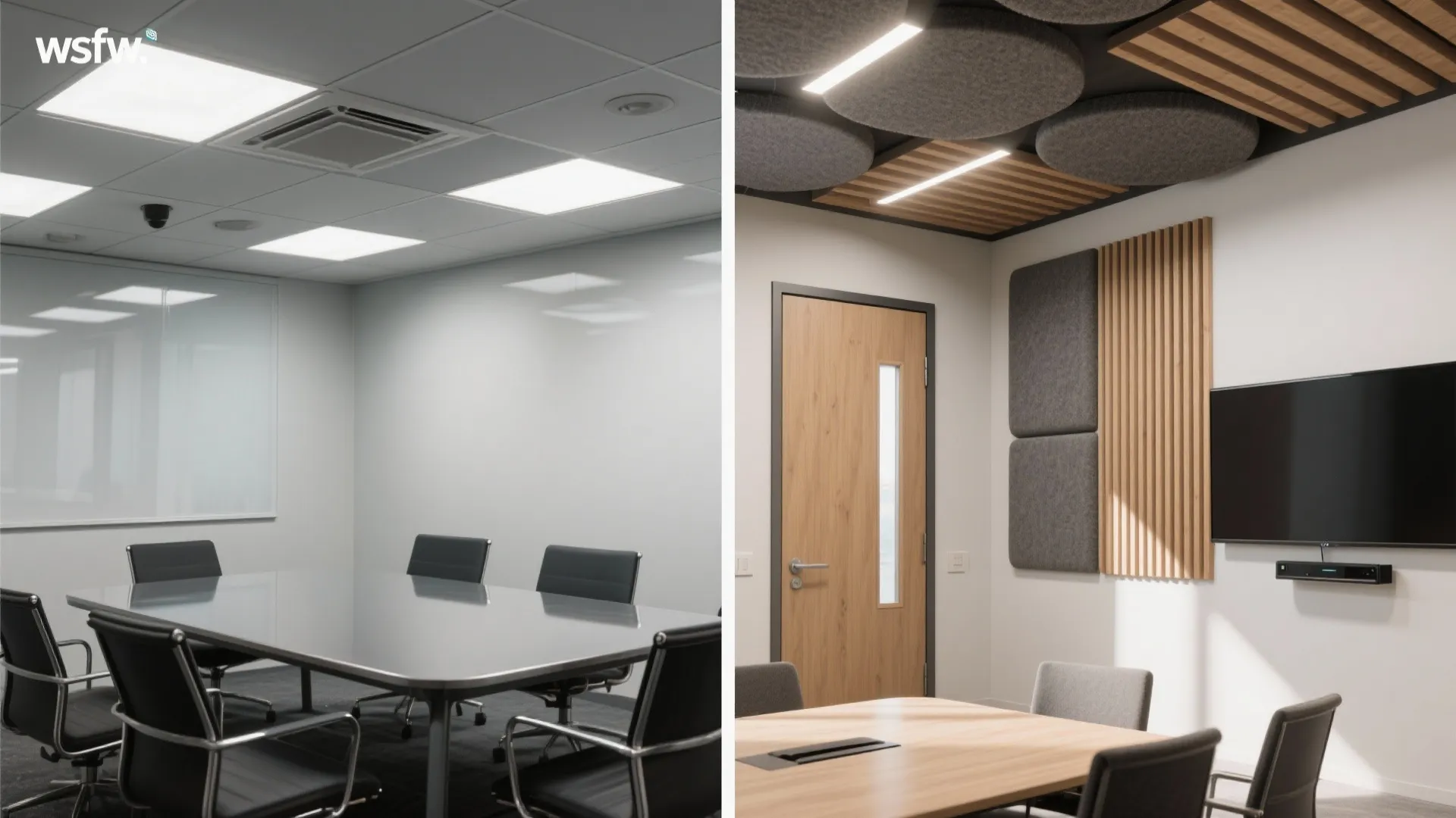 Before-and-after comparison of a small room showing echo-prone surfaces versus acoustic treatments and balanced lighting.