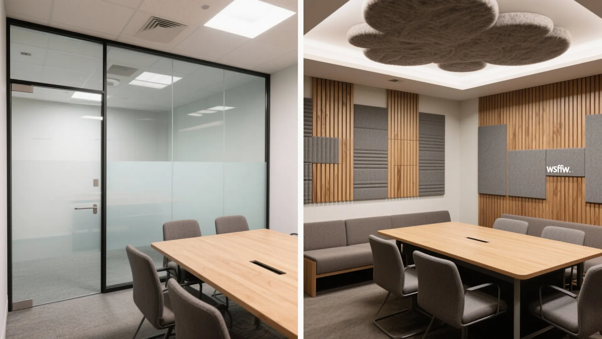 Layered acoustic strategy: panels, ceiling clouds, and soft surfaces