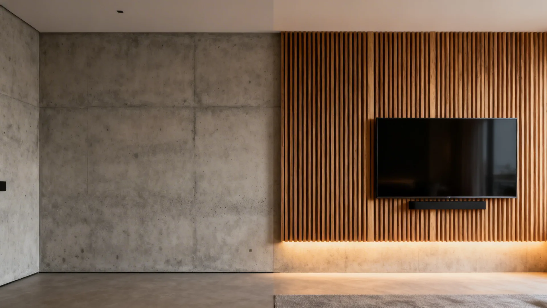 Before-and-after of a concrete wall updated with wood slat acoustic panels and an integrated TV.