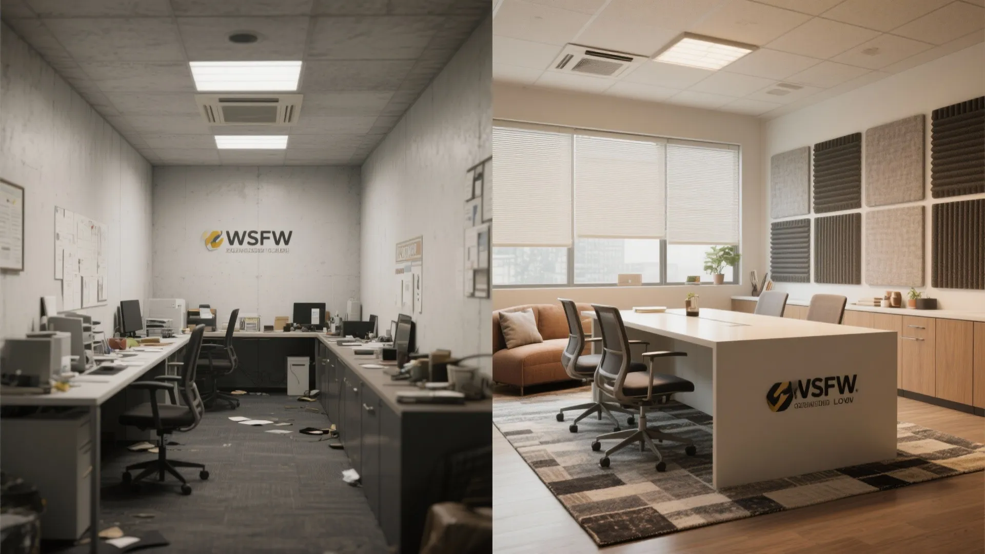 Before and after comparison of a messy dark office versus a clean modern bright workspace