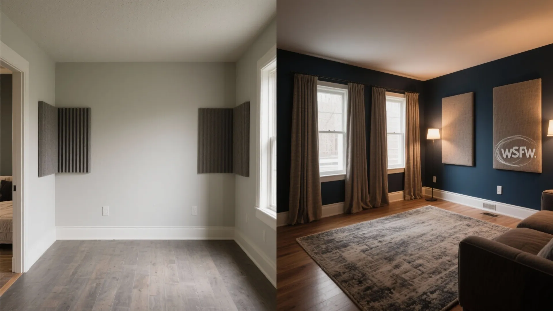 Before and after comparison of an empty grey room versus a finished blue home media room
