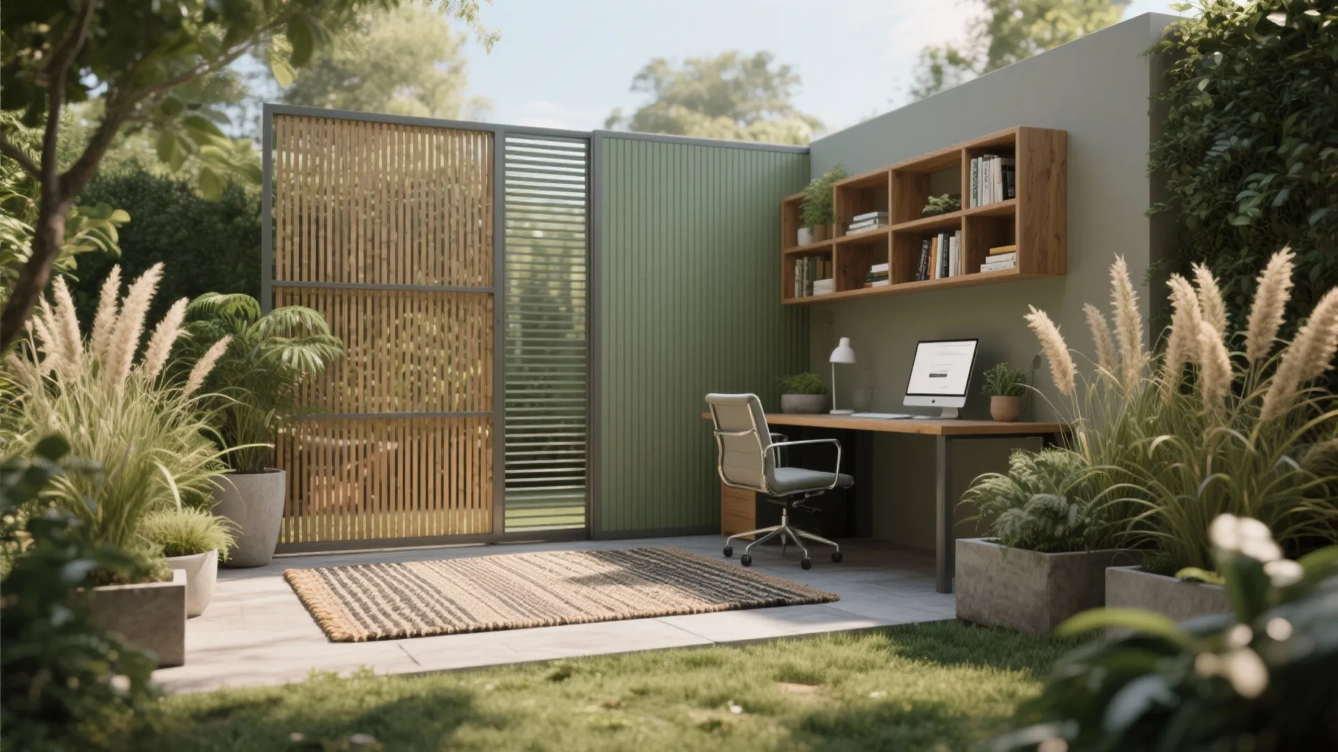 Outdoor office with planters, rug, and slatted screen forming quiet zones