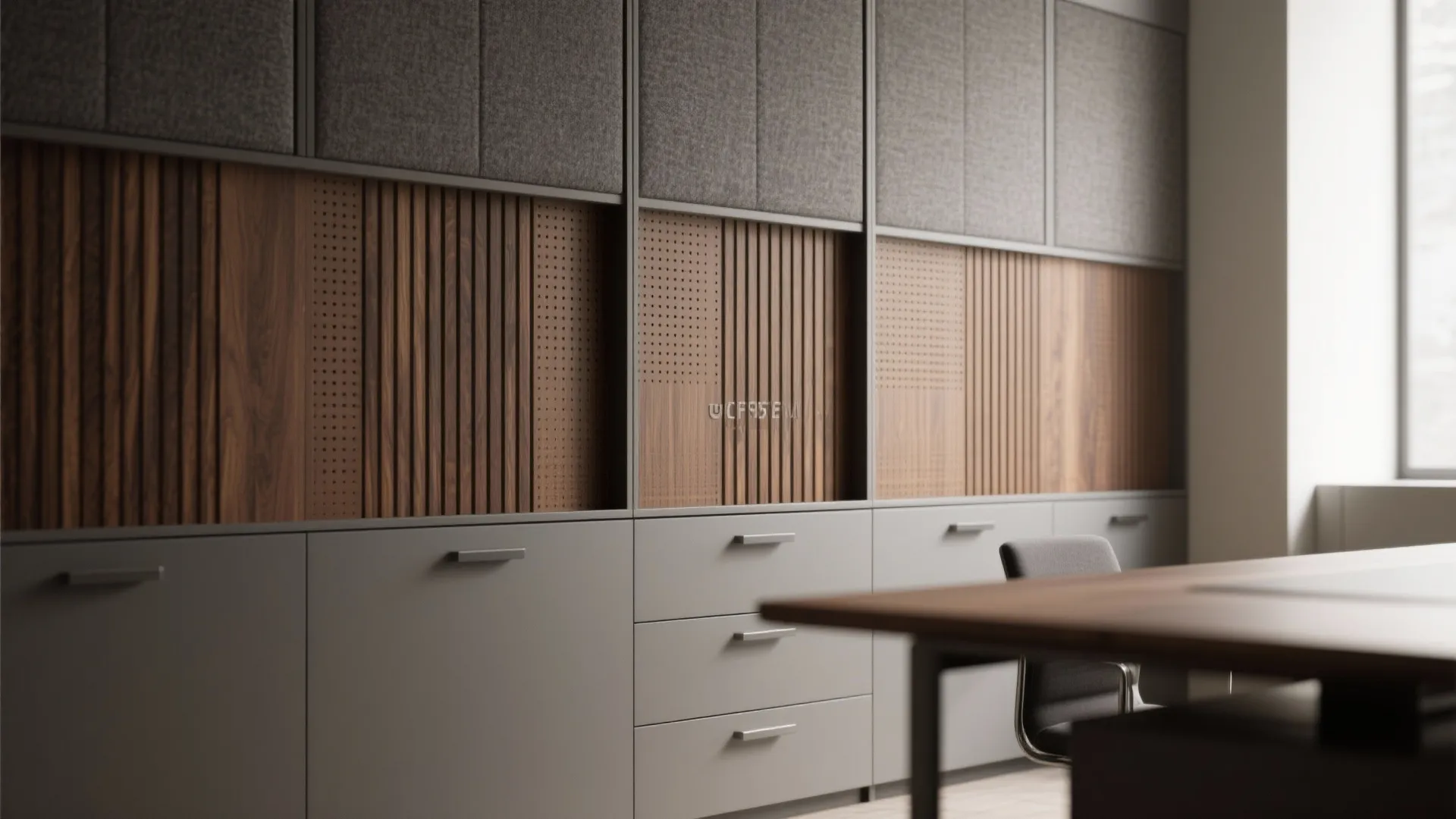 Grey office storage cabinet with drawers featuring decorative wooden wall panel details and acoustic slats