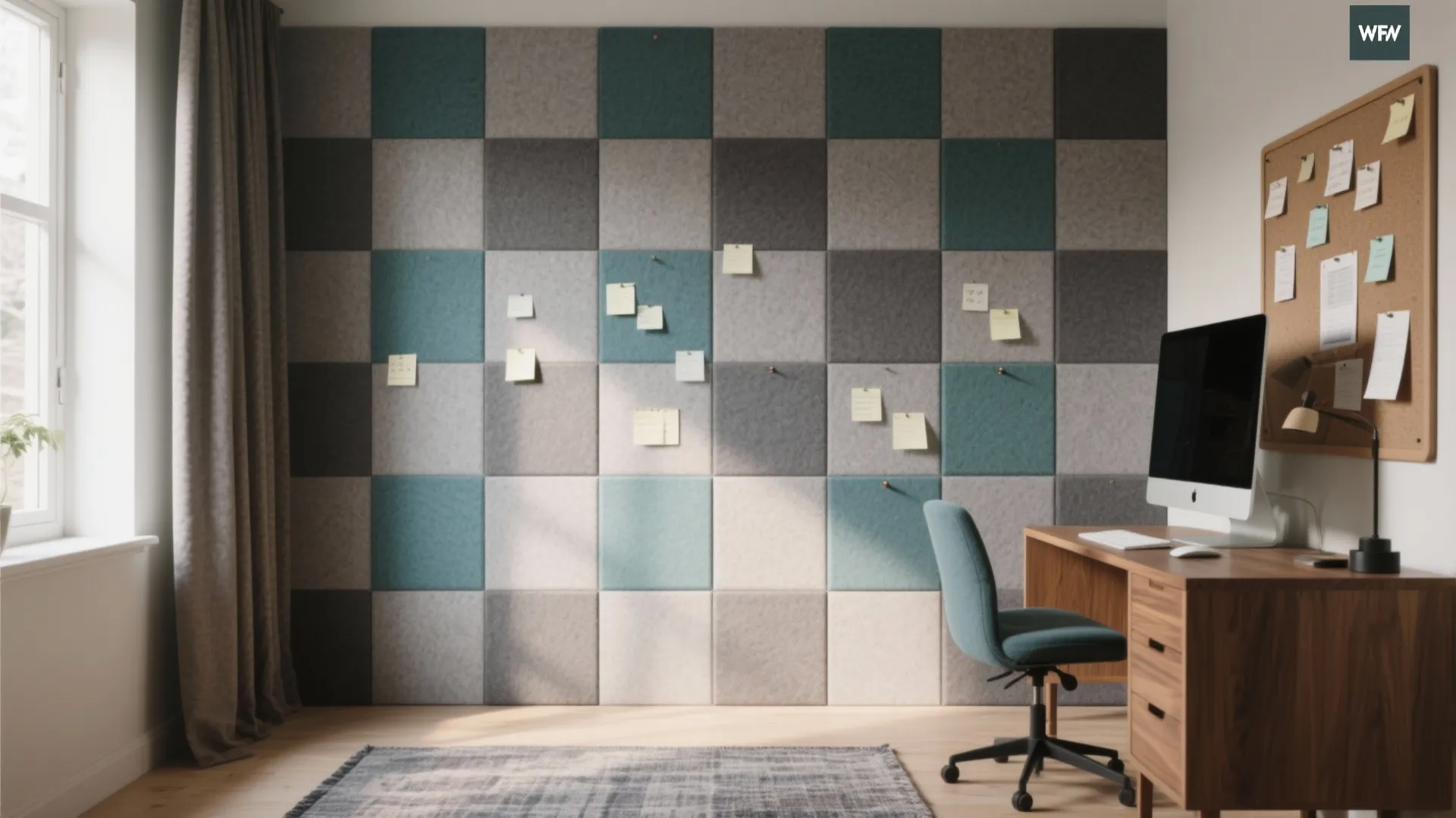 Home office featuring grey and blue square wall panels with wood desk and computer monitor