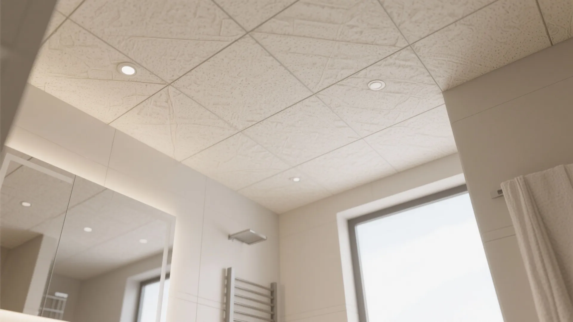 Clean white bathroom interior showing a textured square ceiling tile design with recessed small lights