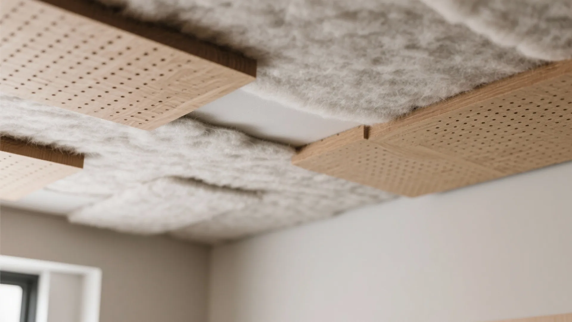Close up of room ceiling with perforated wood panels and soft white sound absorbing insulation material