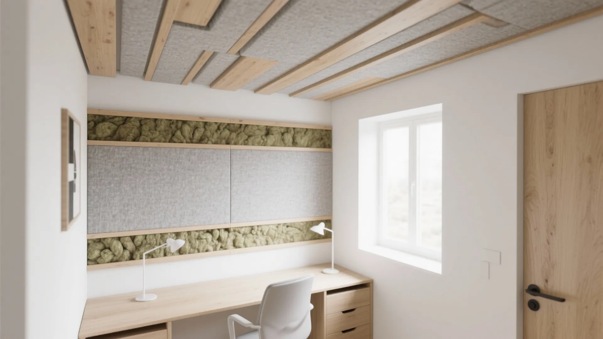 Soft acoustics with fabric or slatted panels up top