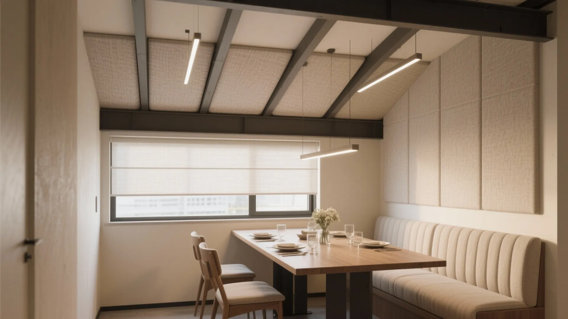 Warm dining area featuring sloped ceiling with wood beams light fixtures and cozy wall panels