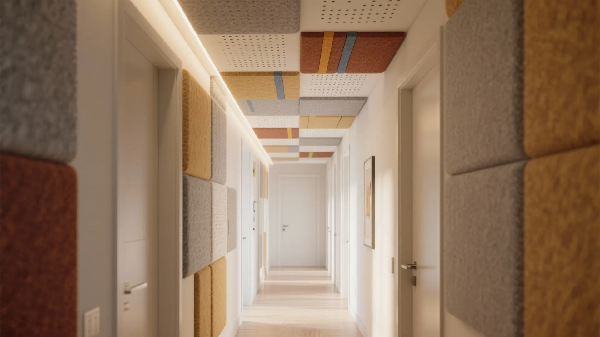 Acoustic soft ceiling panels for quiet, calm movement