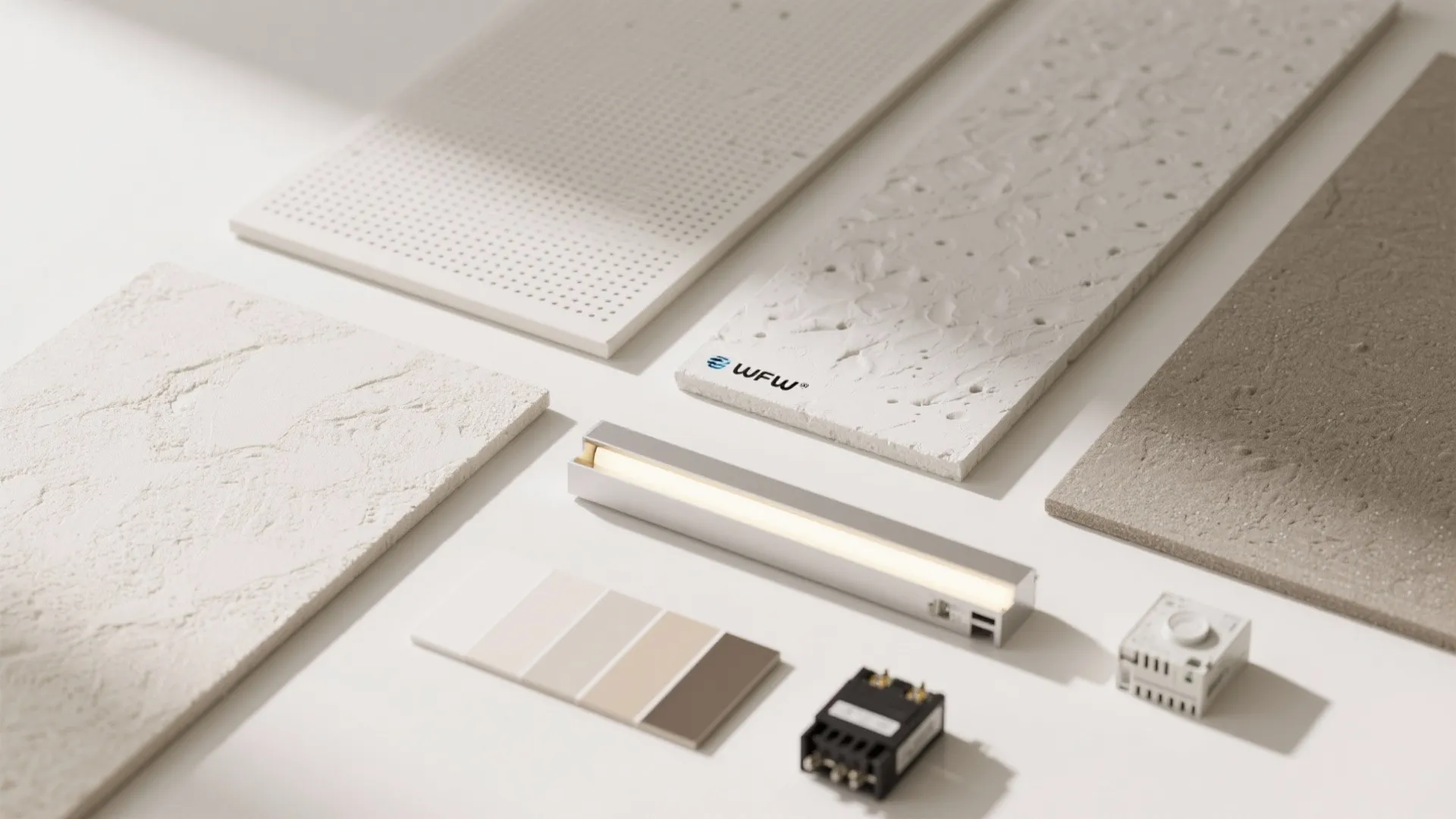 Flatlay of micro-perf panels, acoustic plaster samples, and linear light profiles.