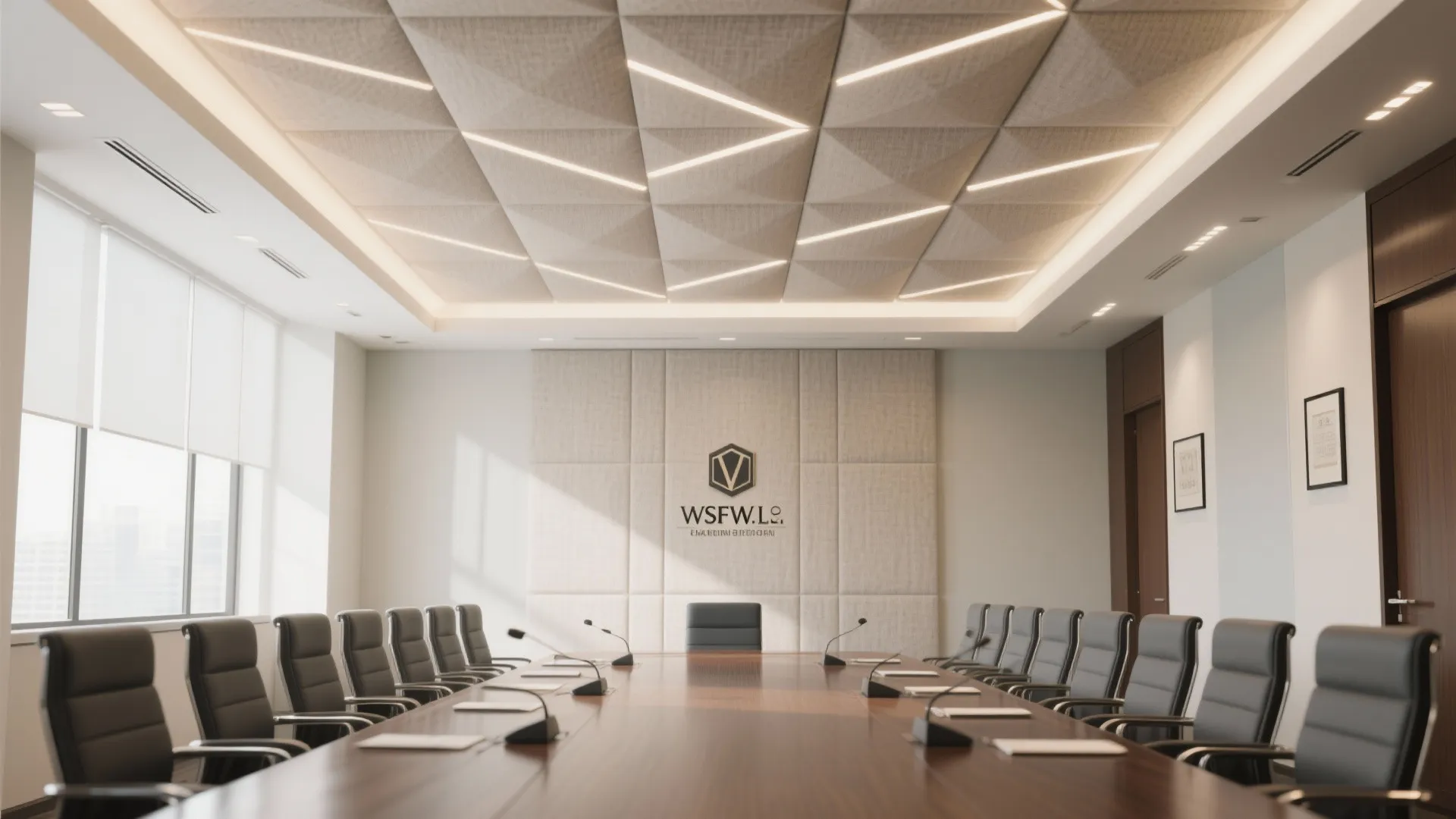 Bright meeting room with long table black leather chairs patterned ceiling and white wall panels
