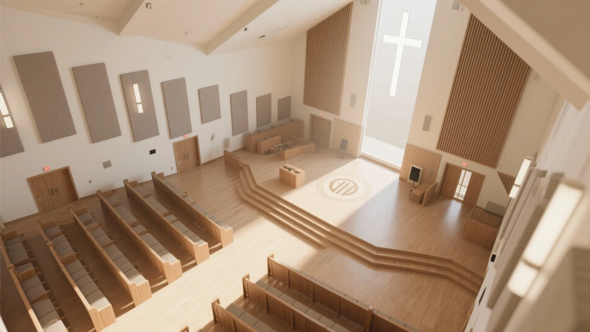 Top-down plan showing acoustic panels and angled partitions