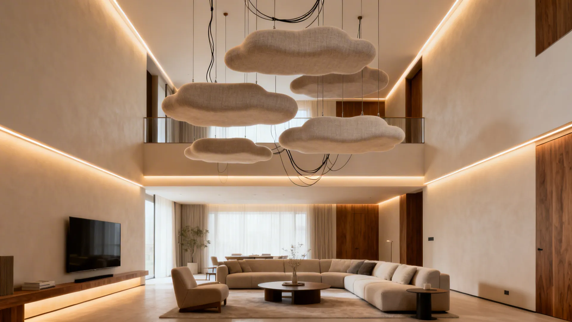 Floating fabric-wrapped acoustic cloud panels with concealed LED backlighting over a lounge.