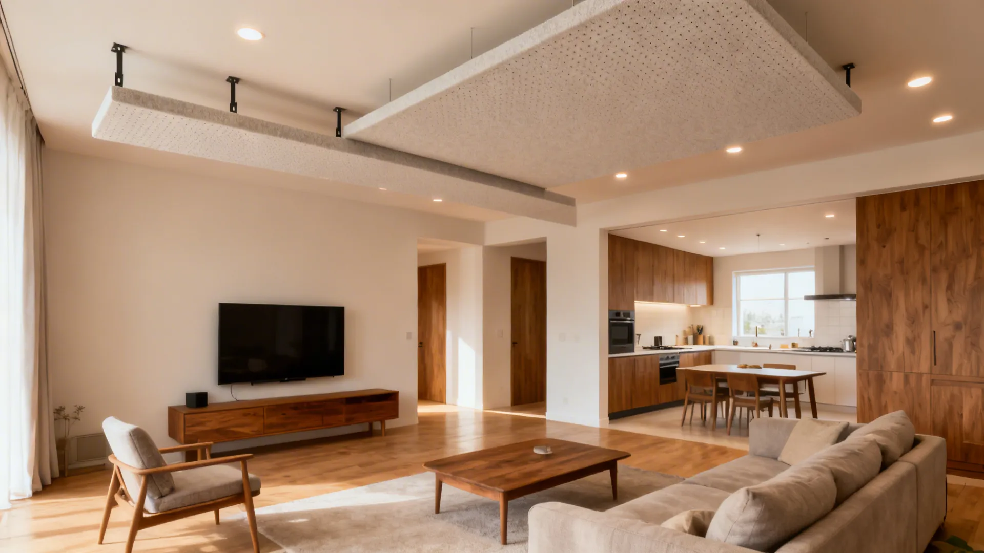 4) Micro-perforated acoustic cloud for hall calm, kitchen clarity