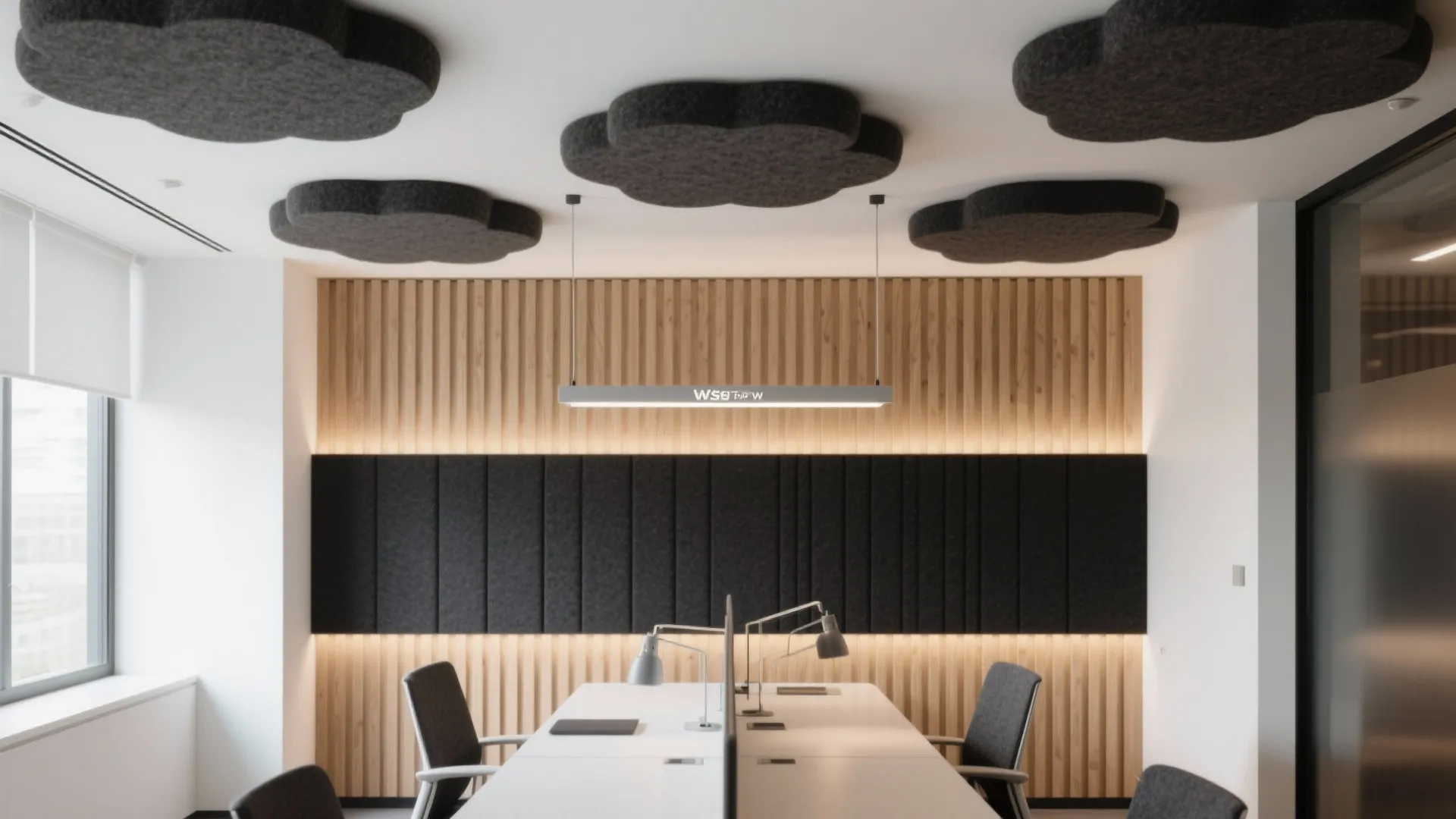 Modern office workspace with white desks, grey chairs, wooden wall panels, and cloud shaped decorations