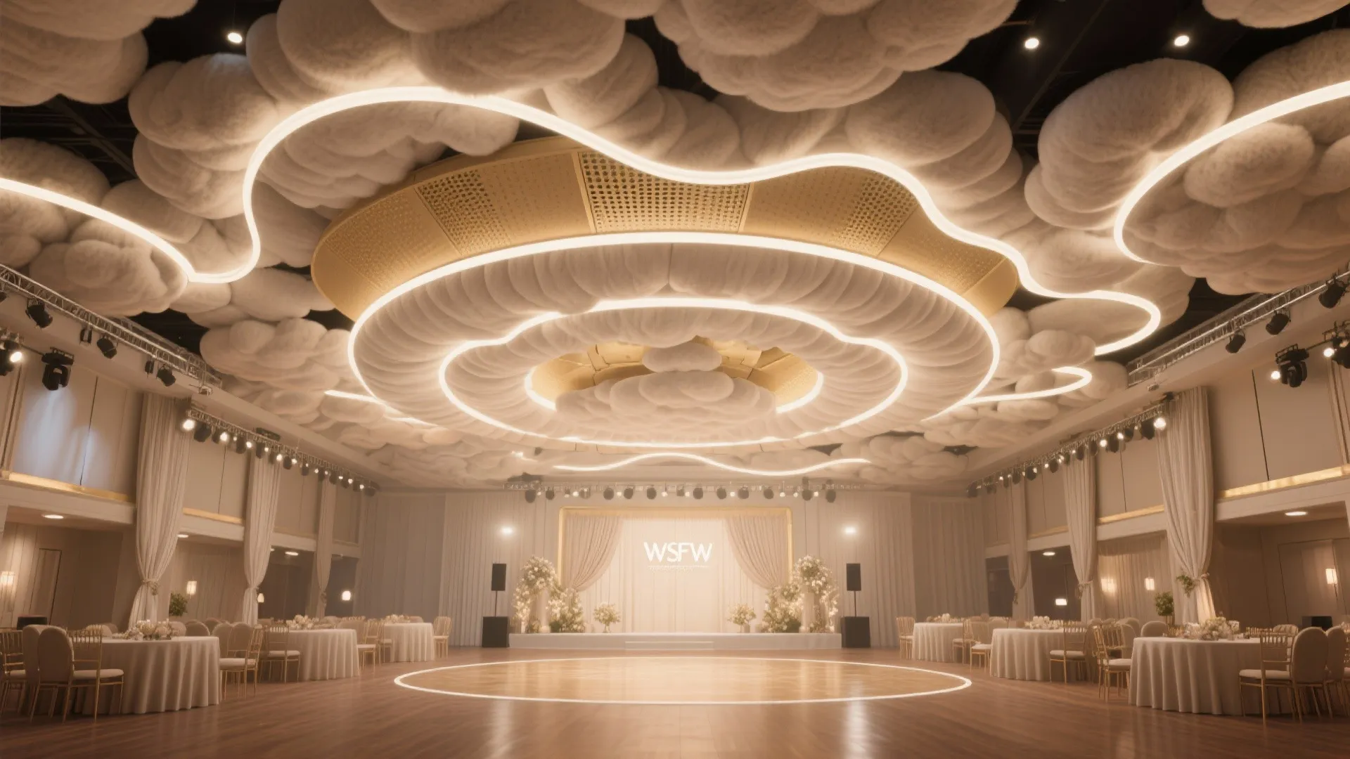 Sculptural acoustic cloud panels with LED halos over a wedding dance floor, reducing echo and adding décor.