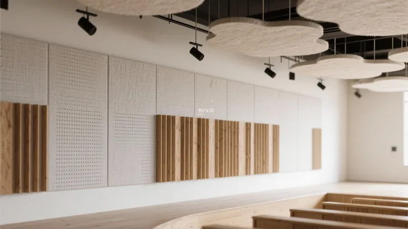 Modern Acoustic Auditorium Design with Wood & Fabric Panels
