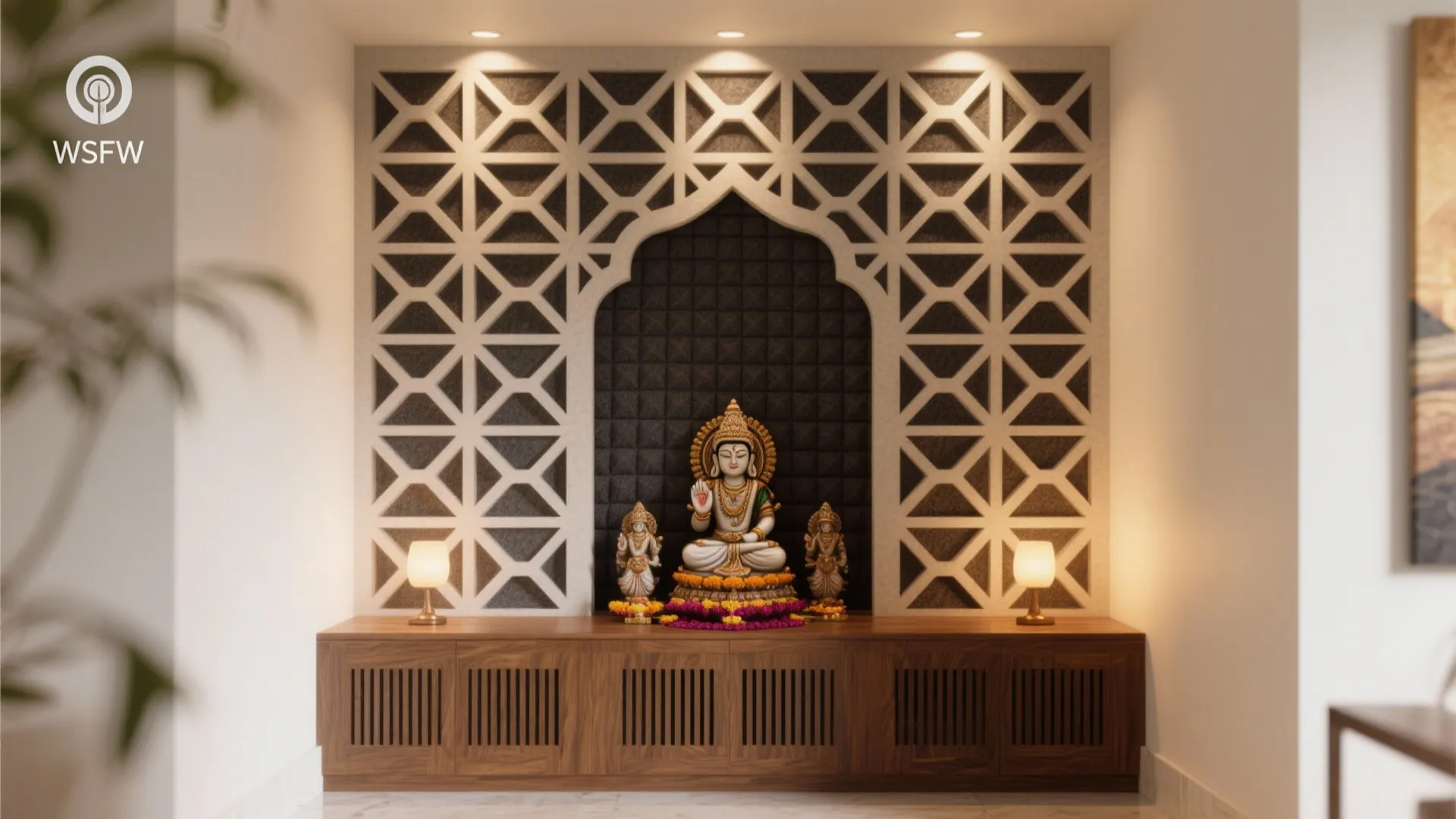 Pooja alcove with CNC lattice and dark acoustic felt lining for sound dampening.