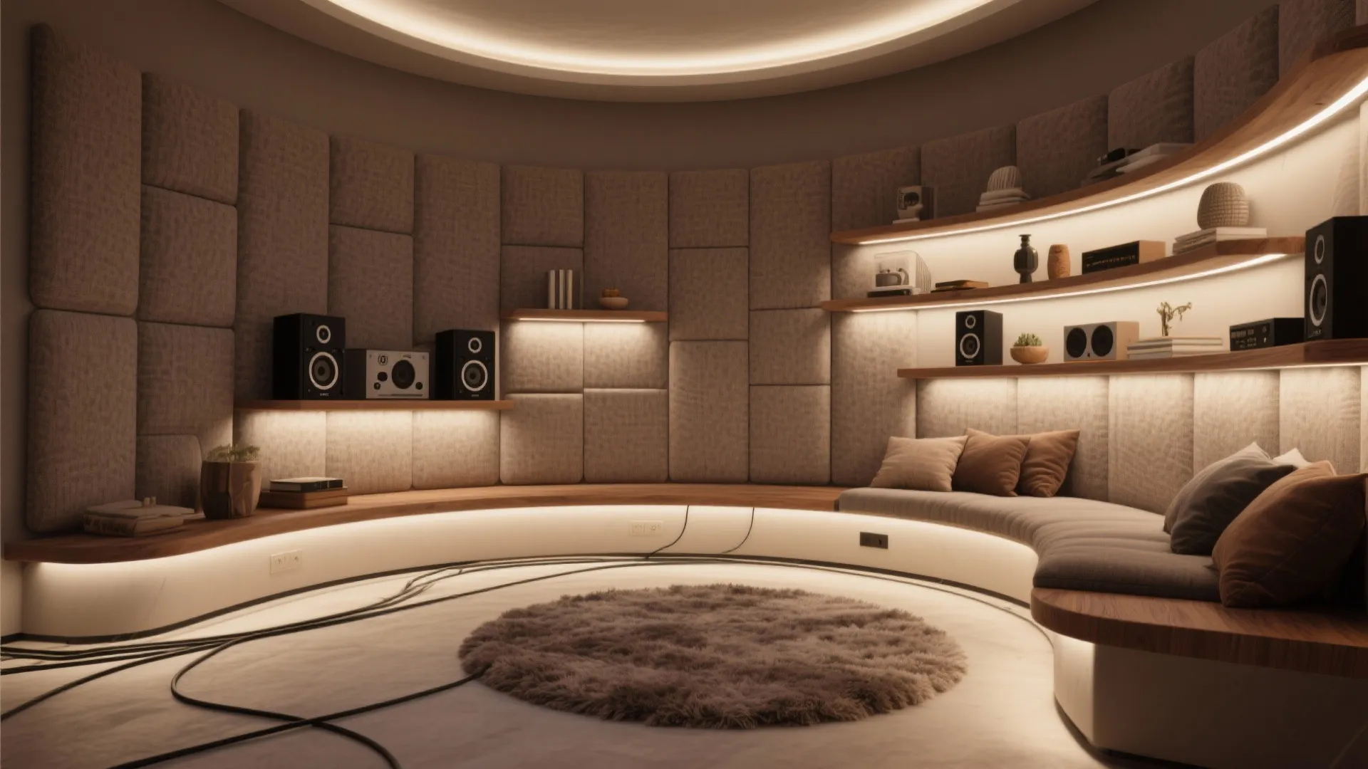 Circular music room with curved wall panels speakers wood shelves round rug and soft hidden light
