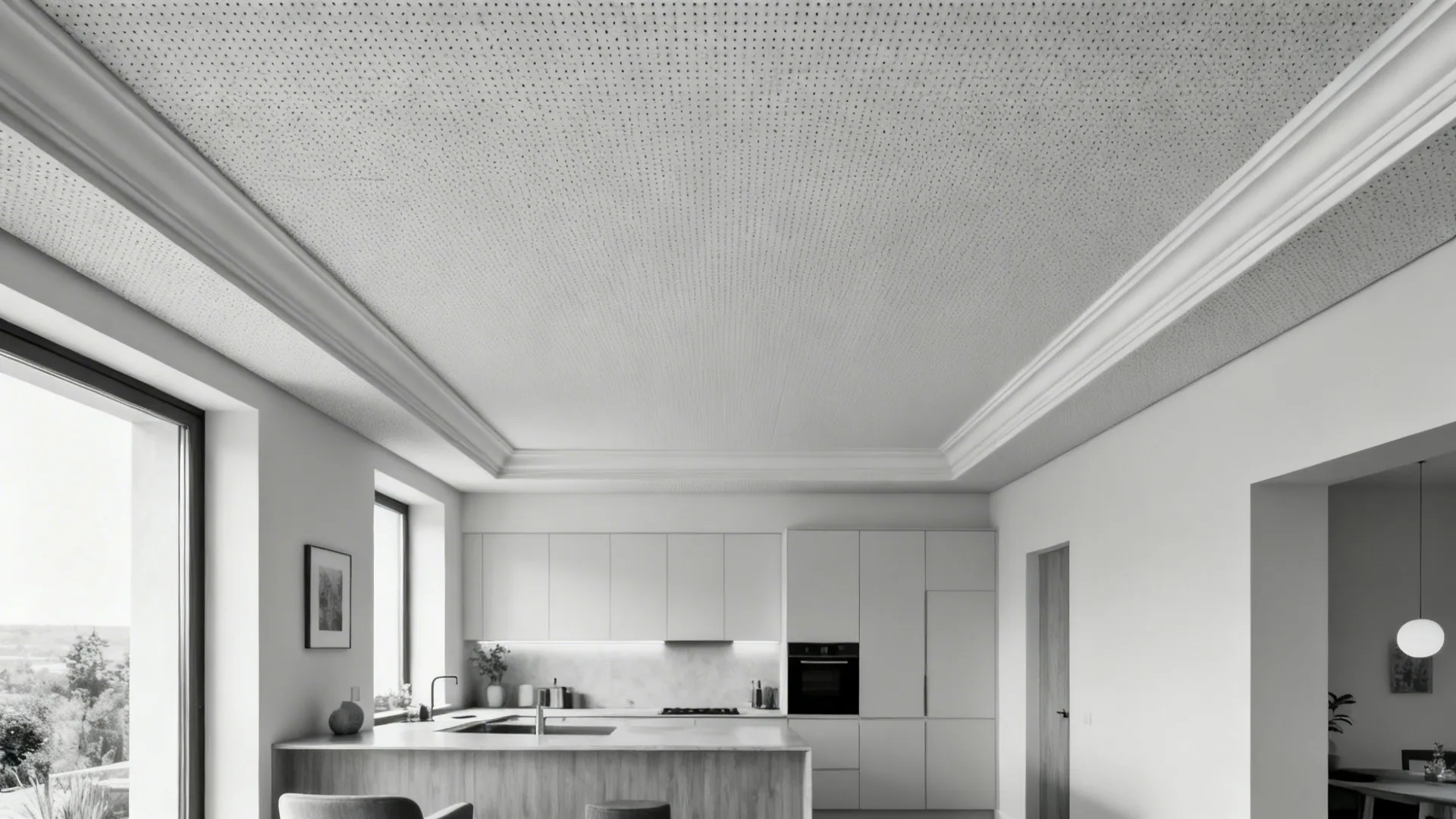 Small open-plan kitchen with a shallow coffered ceiling clad in micro-perforated acoustic panels in light monochrome.