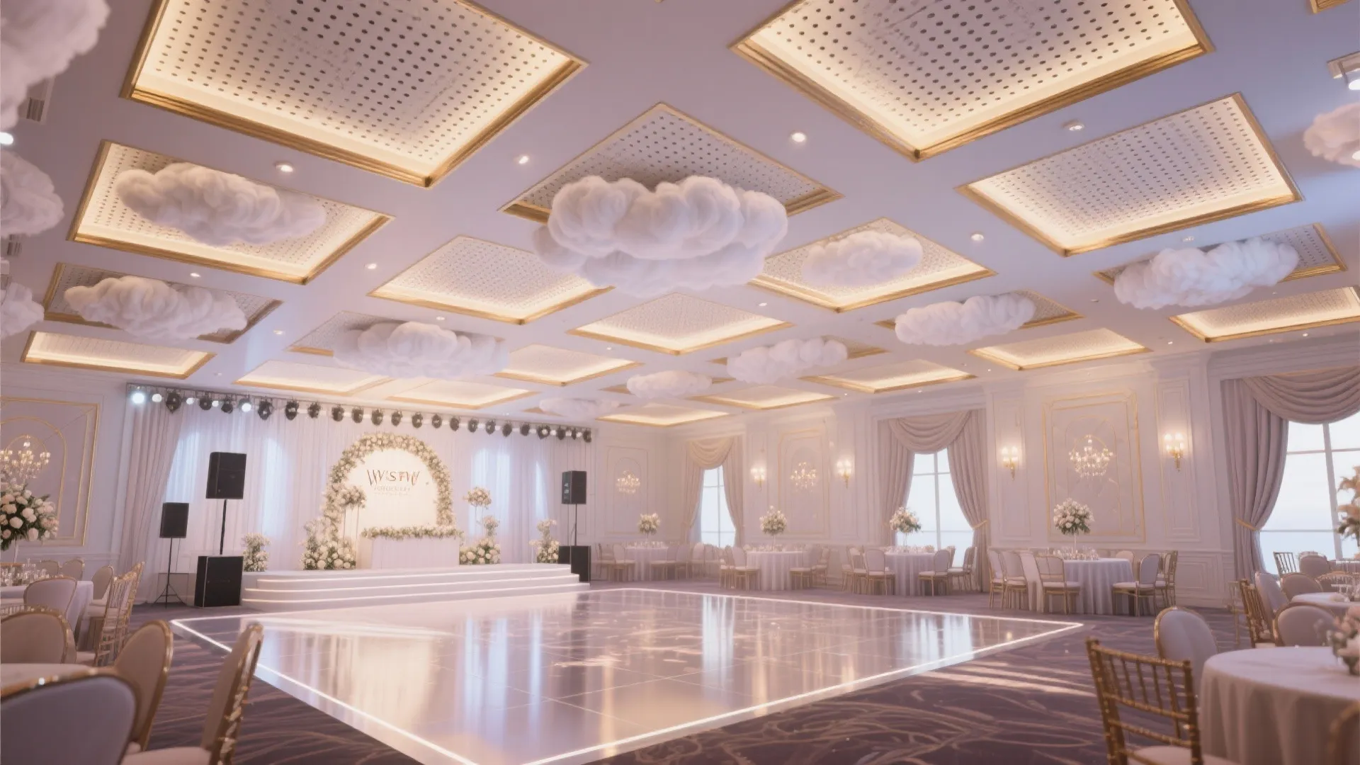 Wedding hall with geometric coffers hiding acoustic panels and fabric clouds over the dance floor.