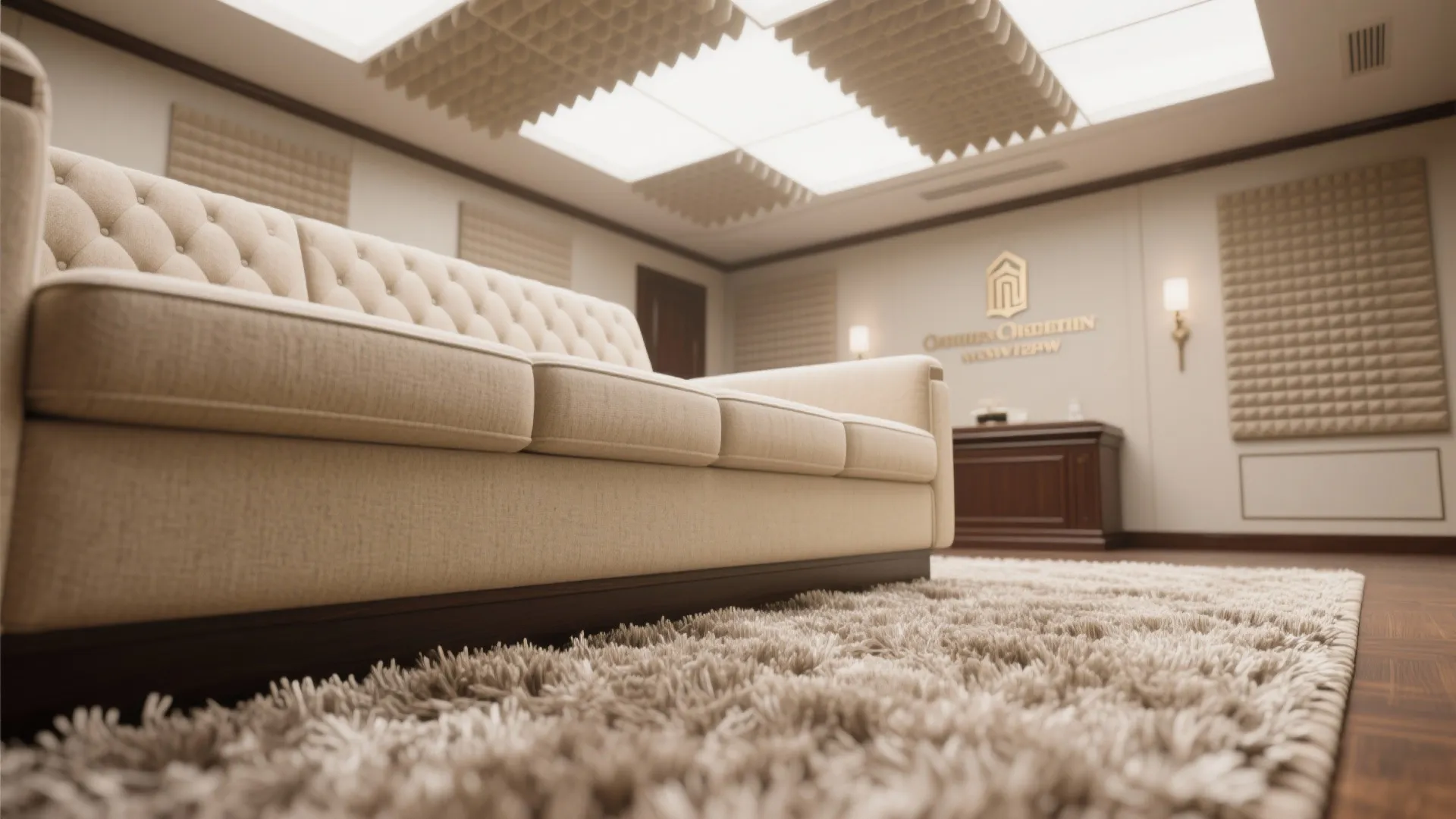 Modern office lounge with beige sofa textured wall panels grey carpet and soft warm ceiling lights