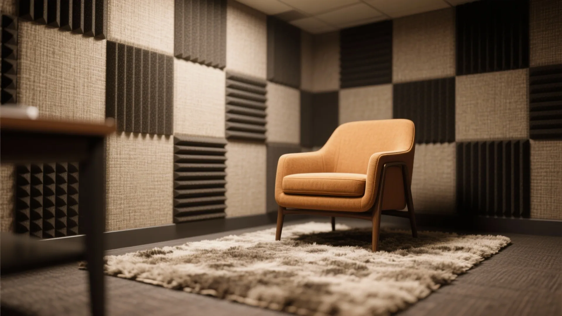 Yellow chair on a grey rug in a room with black and grey wall panels