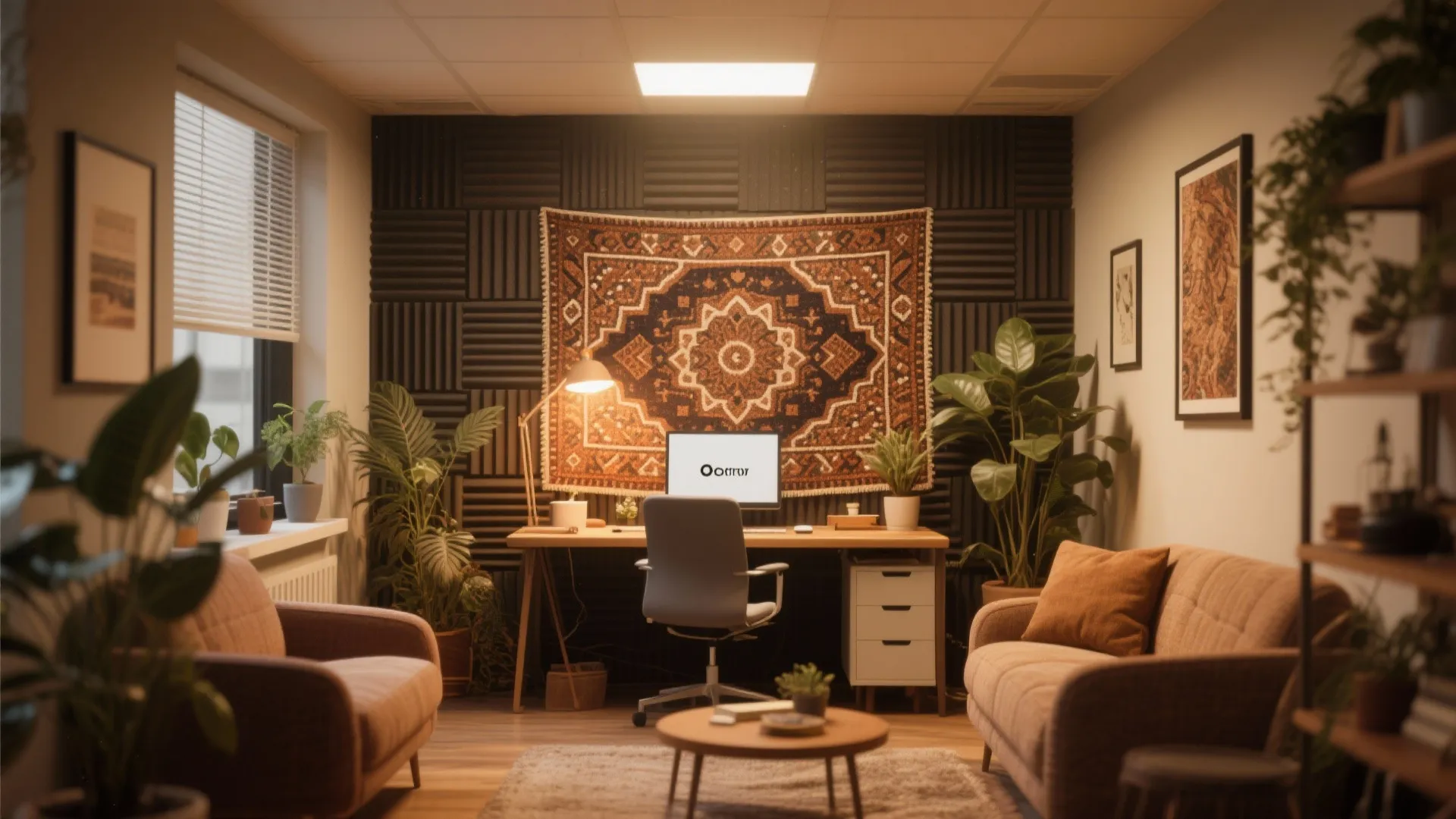 Office interior with wall panel design decorative rug wooden desk chair sofas table and plants