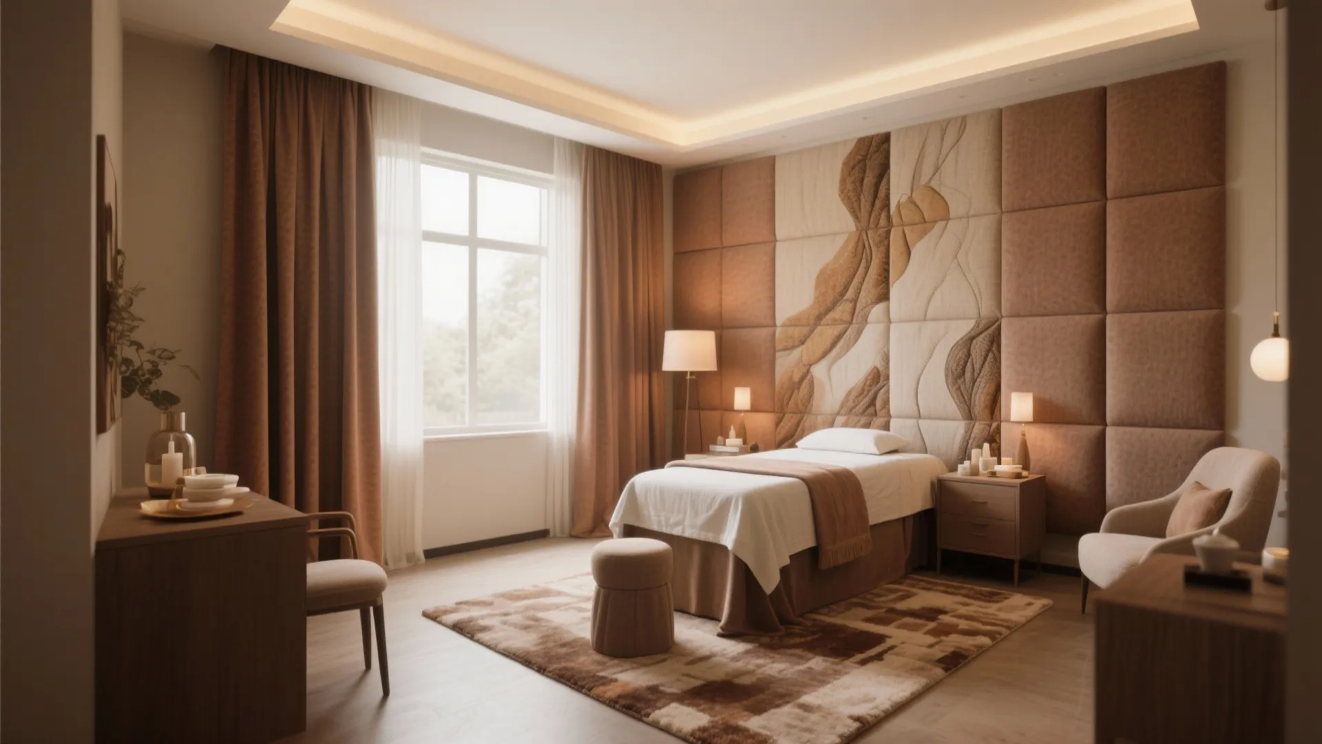 Spa treatment room with padded brown wall panel, white bed, desk, and soft indoor lighting