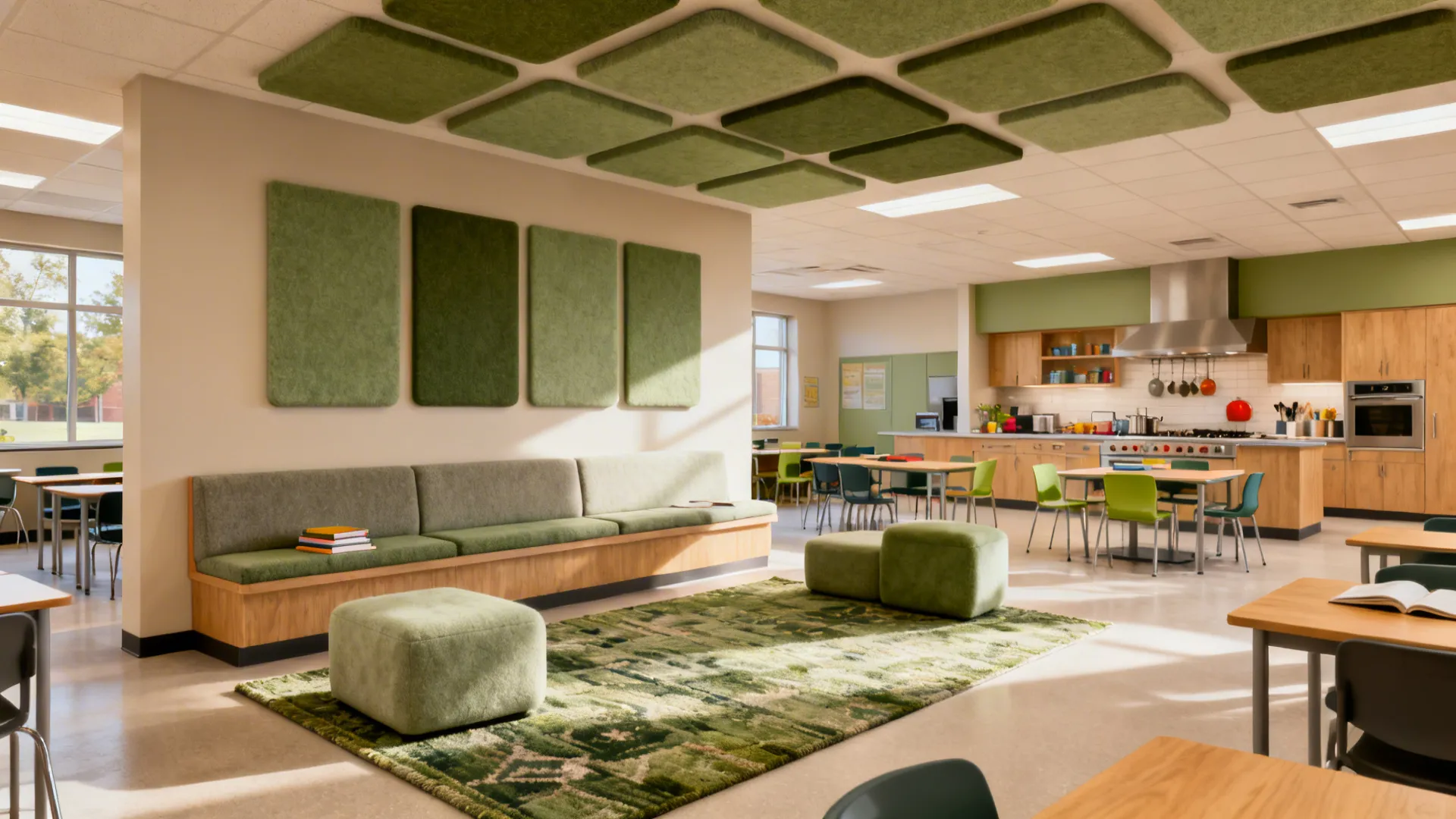 Campus dining nook with acoustic baffles, felt wall panels, rug, and banquette seating.