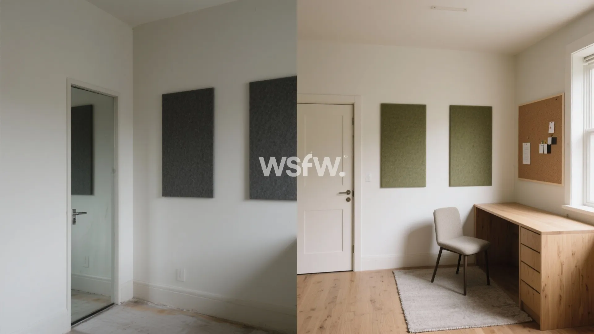 Before and after comparison of home office corner with wooden desk chair and wall panel design