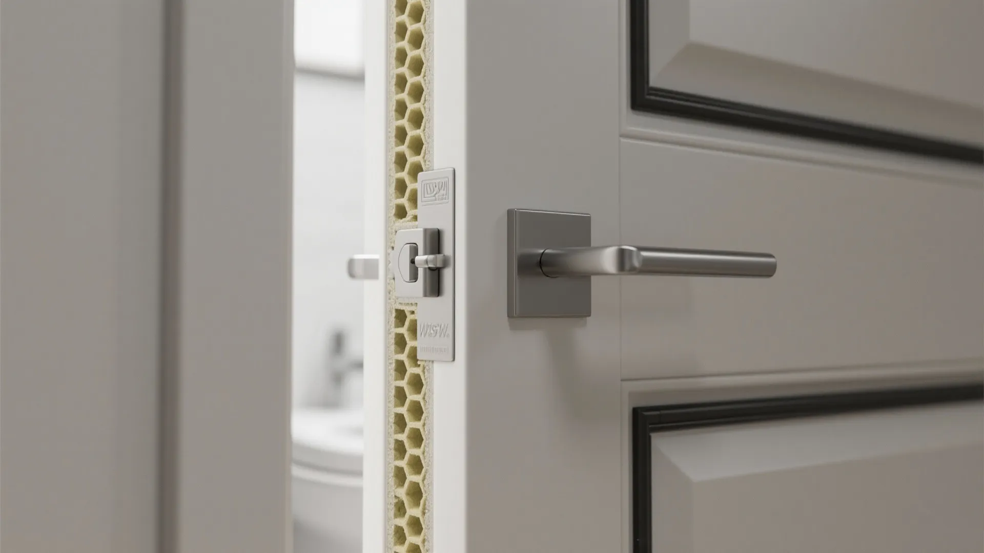 Close up of an open white door showing the inside honeycomb structure and metal handle