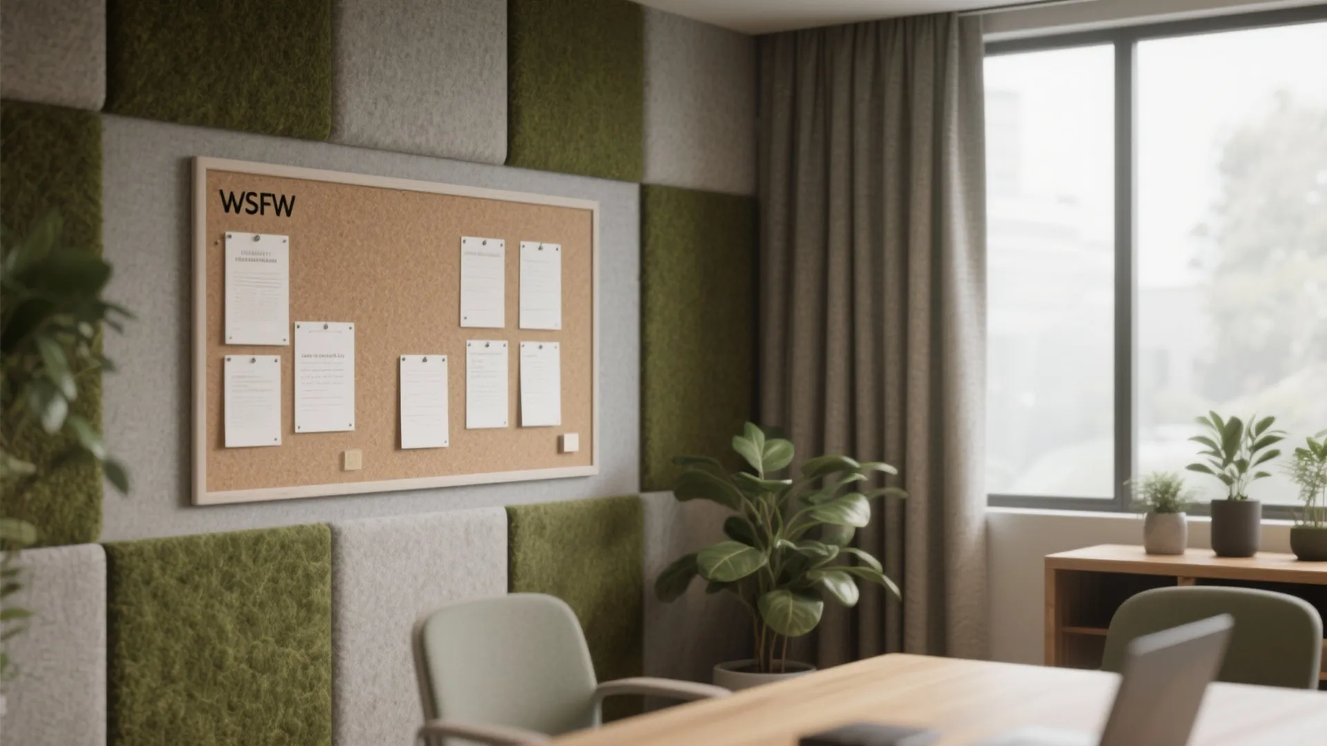 Office interior with cork board on green wall panel, wooden desk, grey curtains, and plants