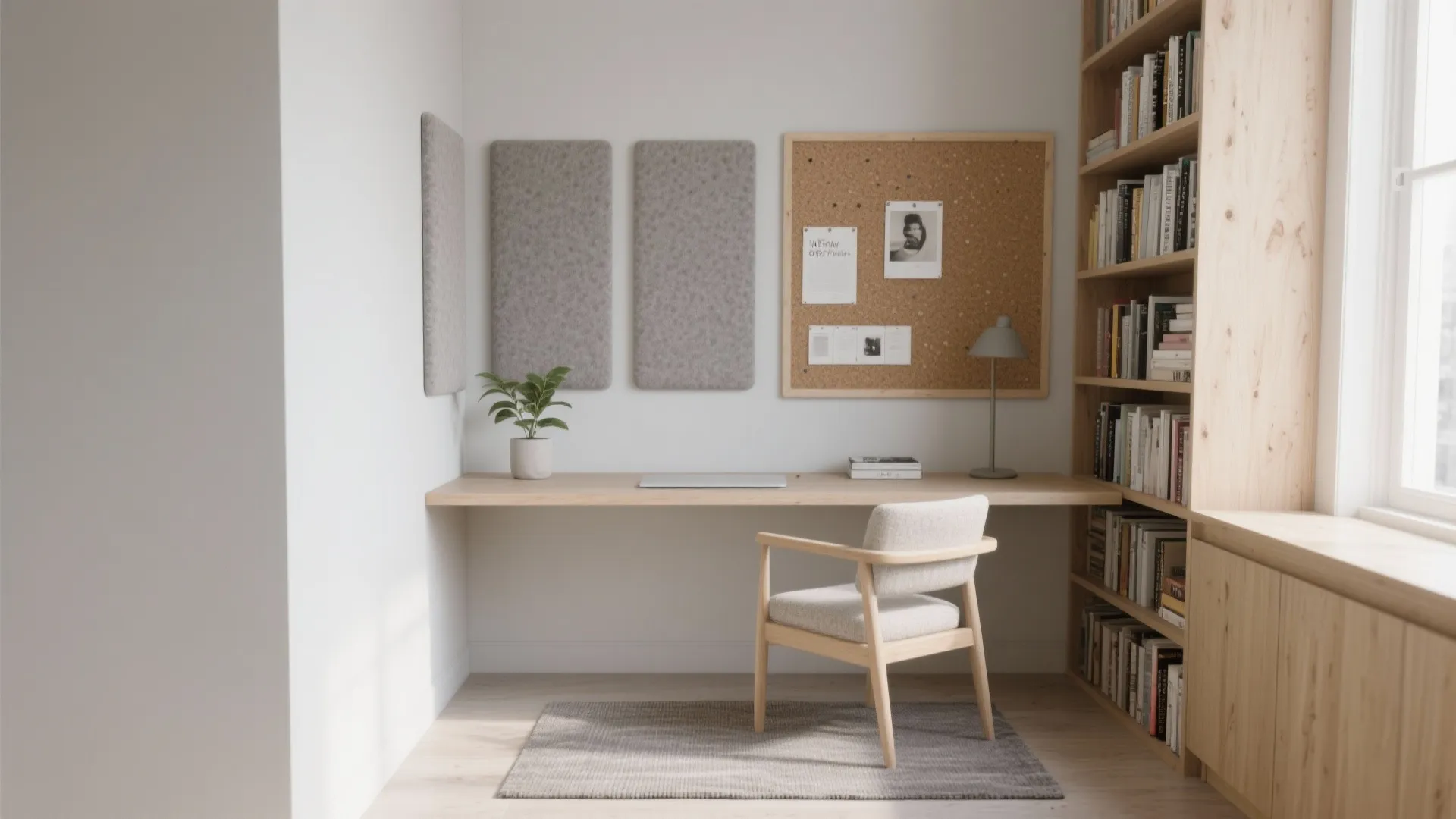 Acoustic-first, minimalist study corner