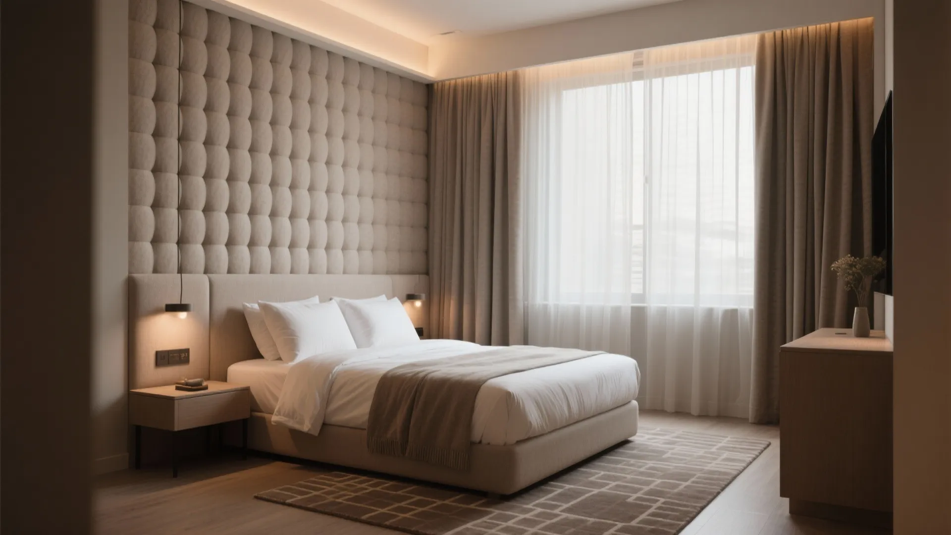 Cozy bedroom with textured wall panel, large window with light curtains, and a beige bed
