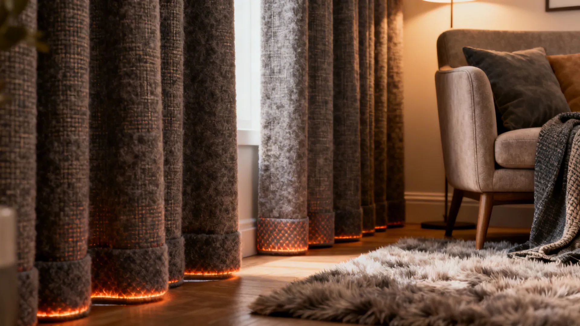 Cozy living room corner with heavy acoustic-lined curtains, rug, and upholstered chair to demonstrate sound absorption.