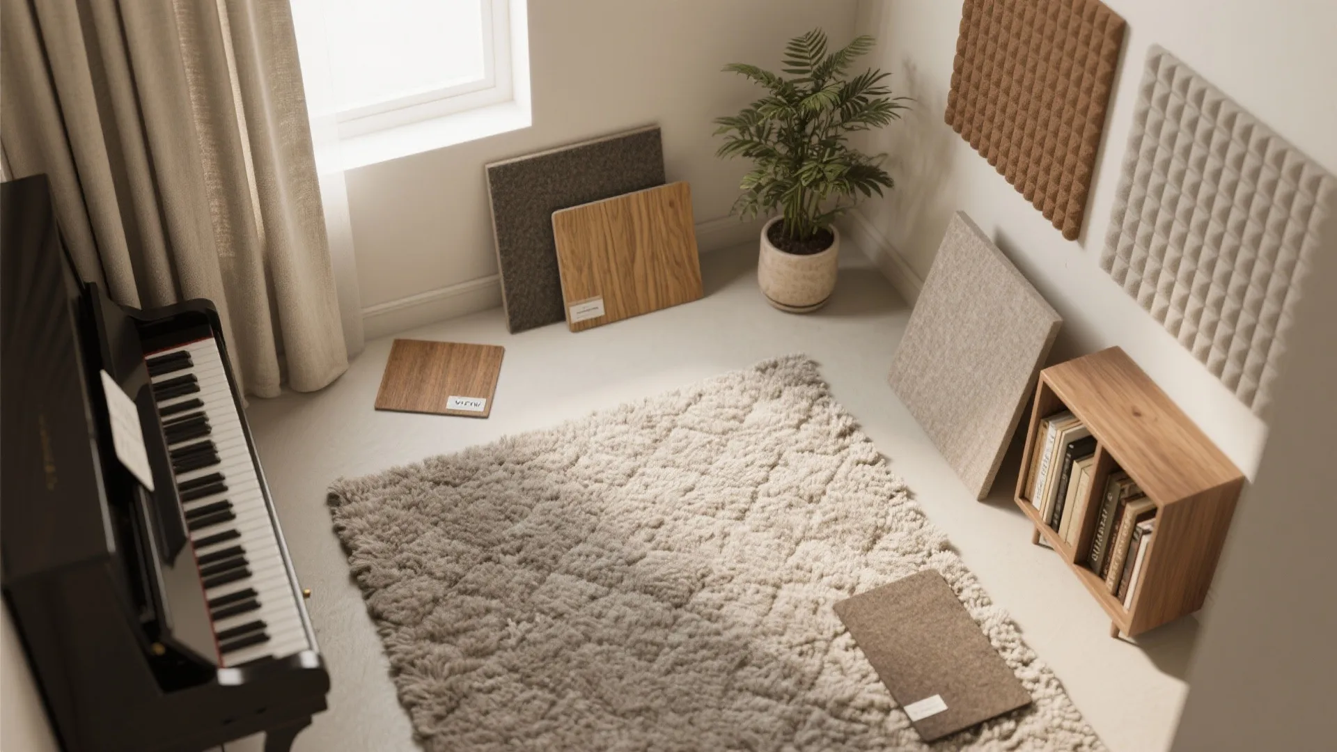 Interior room corner with piano next to white rug plus plant and several wall panels