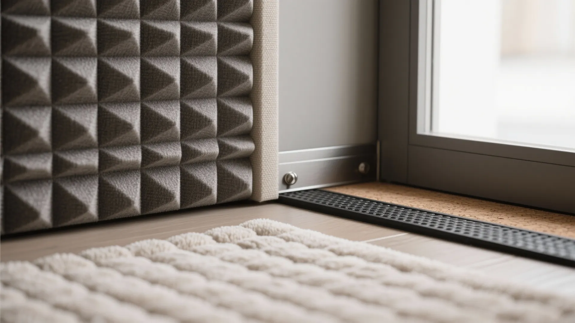 Macro of fabric acoustic panel, door sweep, and layered rug pad for impact noise.