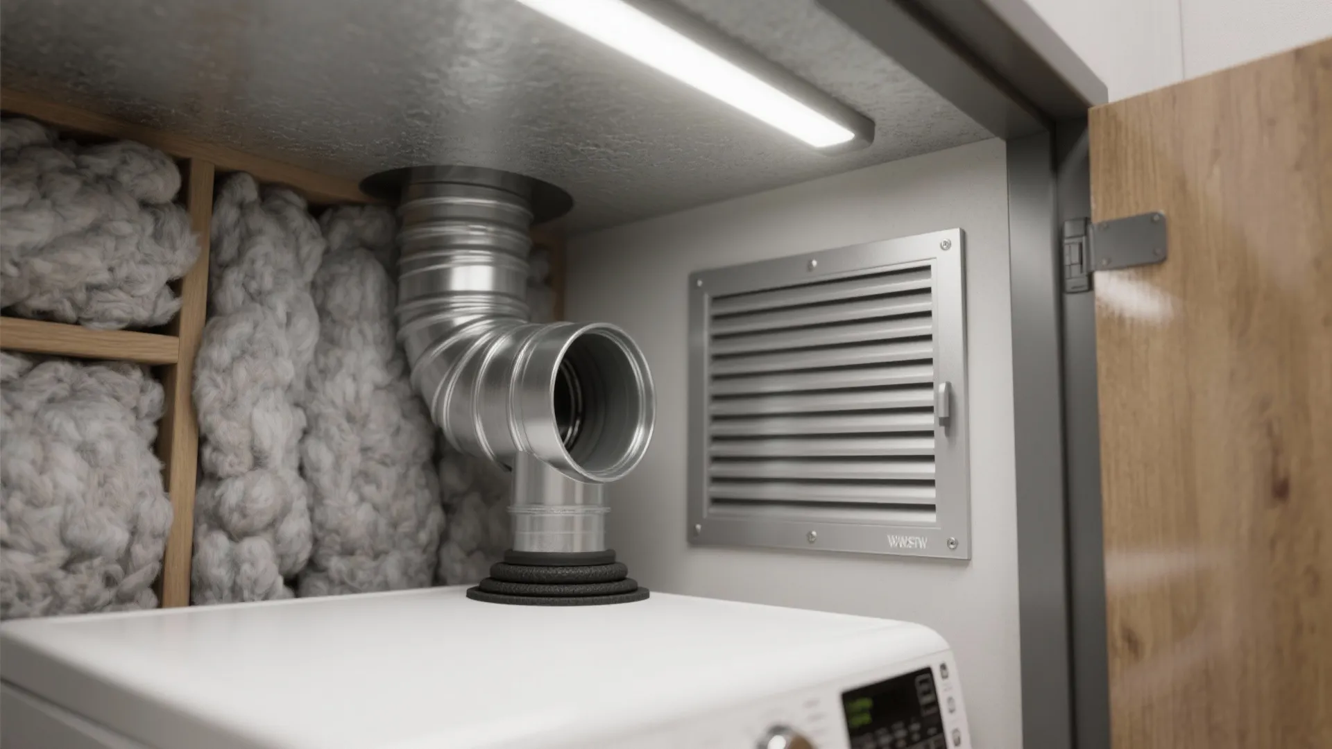 Close up of metal ventilation pipe and wall air vent above a white washing machine